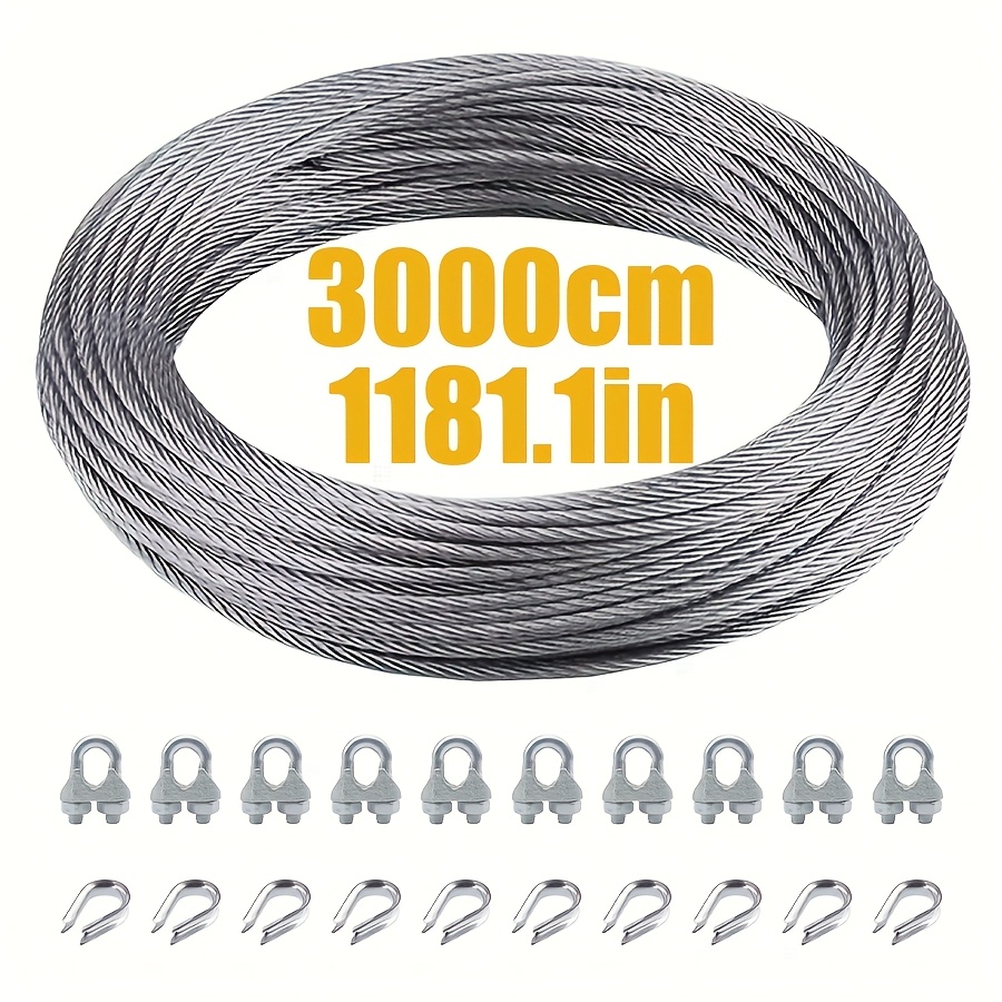 Image of 30 Meter 7x7 Strand Wire Rope Cable, With Cable Clamps And Terminals - Flexible Strand Suitable For Deck Railings, , And Fences - (no Welding Required) - Suitable For Residential And Commercial Use -