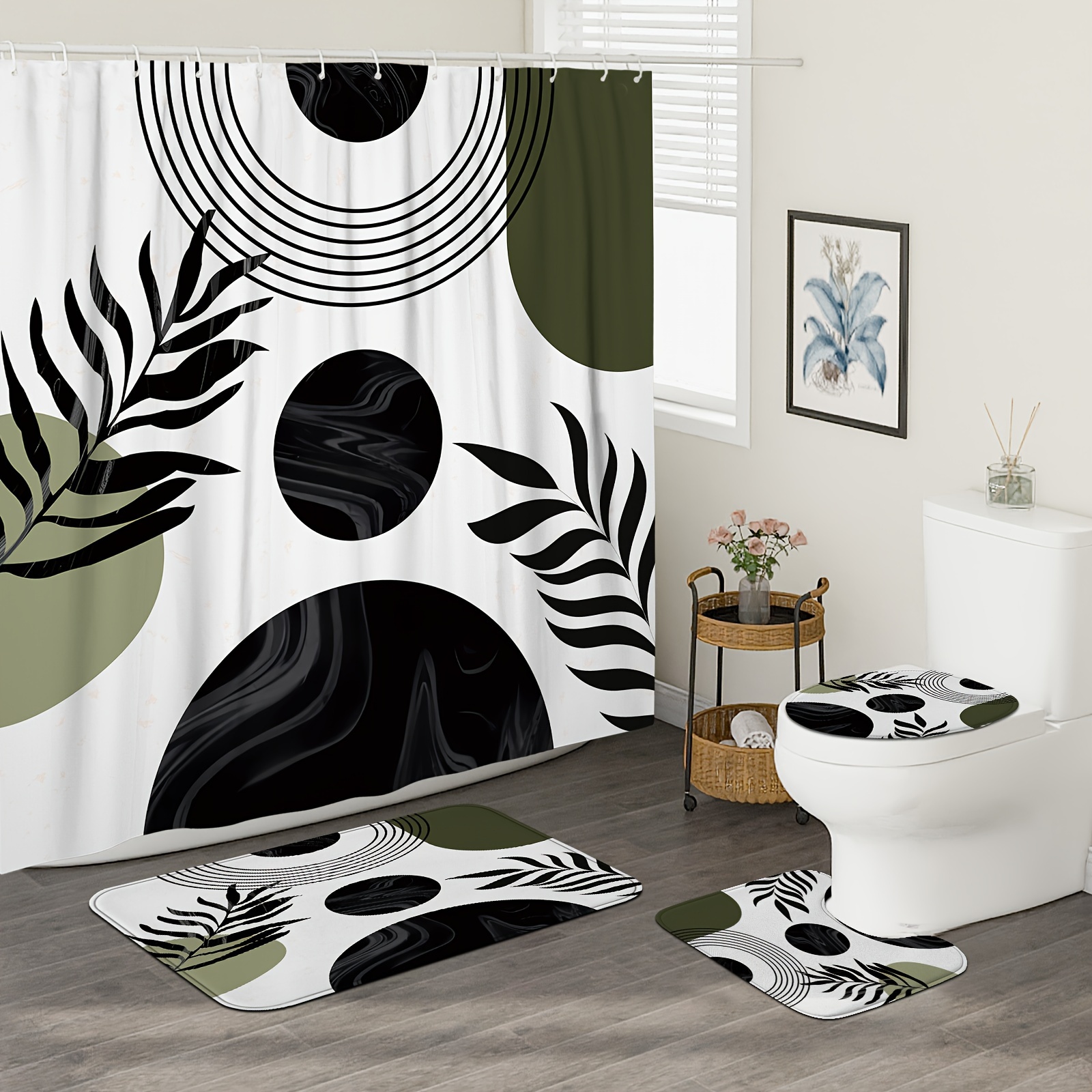 

1/4pcs Geometric Leaf Pattern Bathroom Shower Curtain Set, Waterproof Curtains With Plastic Hooks, Bathroom Carpet, U-shaped Mat, Toilet Cover Mat, Bathroom Decor