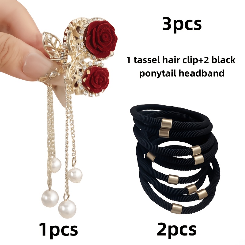 TEMU 3pcs Set Including -shaped Hair Clip + 2 Black Ponytail Hair Accessories — -shaped Hair Clip For Elegantly Securing Updos And Flyaways, A
