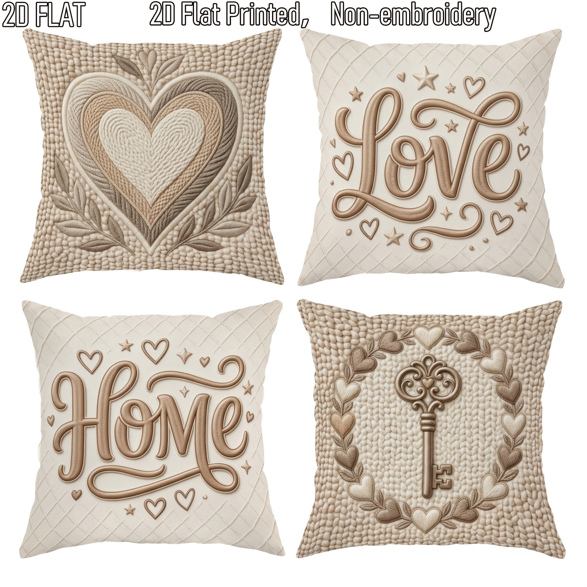 TEMU 2d Flat 4pcs Bohemian Style Love And Passion Key Pillowcase Set, Beige, Decorative Pillowcase, Single-sided Printing, Suitable For Living Room