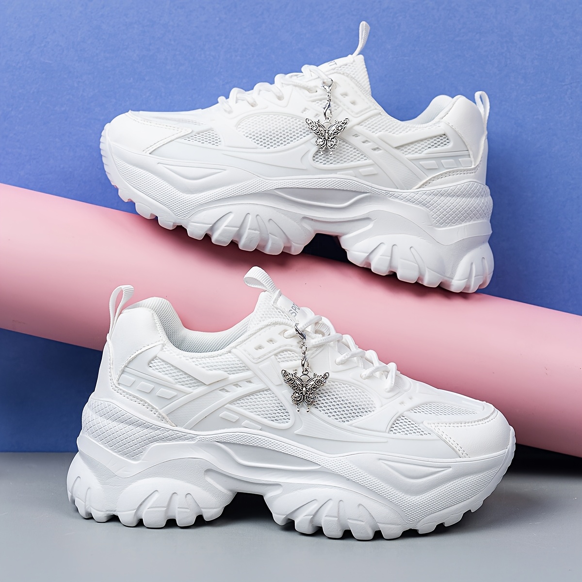 TEMU Women' Platform Sneakers With Height Increase - Breathable Mesh Lace-up Non-slip Sole Suitable For Gym, Running, Hiking, Casual Walking Shoes,