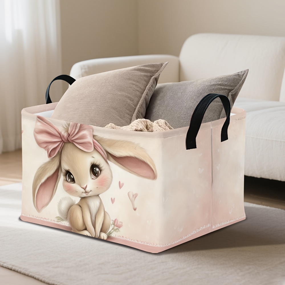 TEMU 1pc, Large Rabbit Basket With Bow And Sturdy Handle - Cute Foldable Storage Organizer, Suitable For Room, Laundry, Clothes - Basket