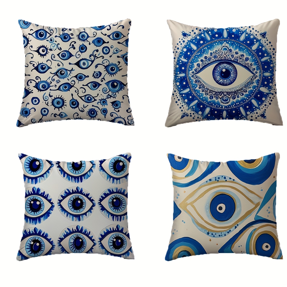 

Set Of 4 Blue Abstract Eye Print Throw Pillow Covers, 18x18 Inch, Polyester, Contemporary Style, Machine Washable With Zipper Closure For Bedroom And Living Room Decor