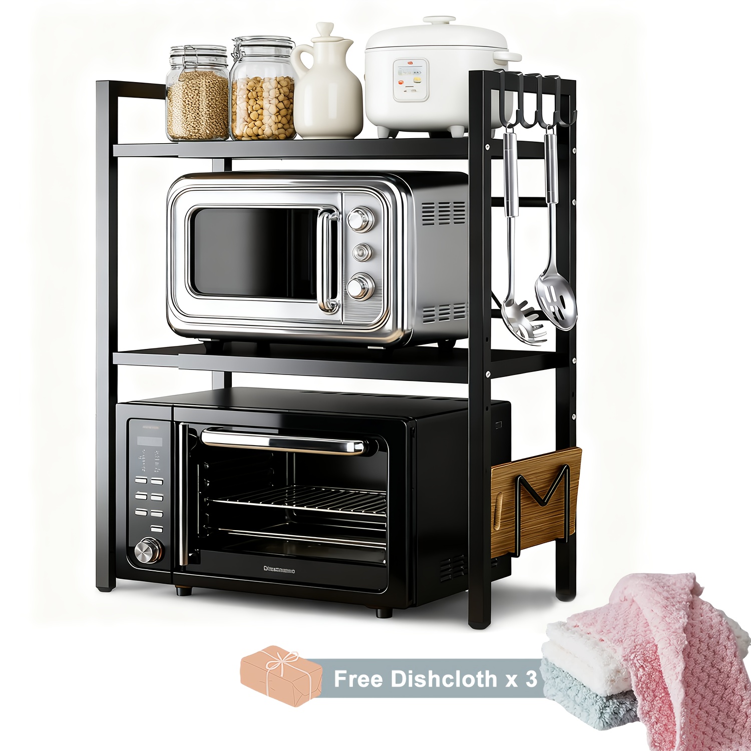 E-shop 2-stufig/3-stufig ausziehbares Mikrowellenregal mit 4 Haken, 3 Handtuchhaltern einem Schneidebrettregal, Kohlenstoffstahl