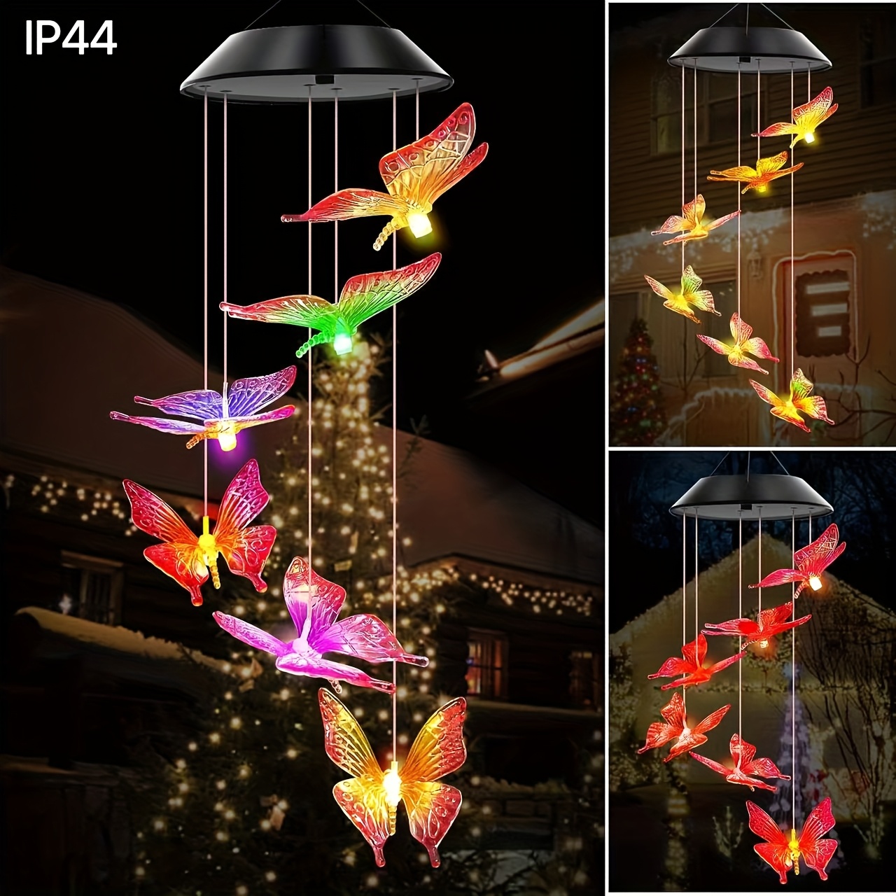 Luces de carrillón de viento con energía solar con diseños de mariposas moradas y amarillas, que incluyen iluminación LED exterior que cambia de color para fines decorativos de paisajismo. Estas lámparas solares de jardín y luces colgantes son regalos perfectos para madres y esposas.