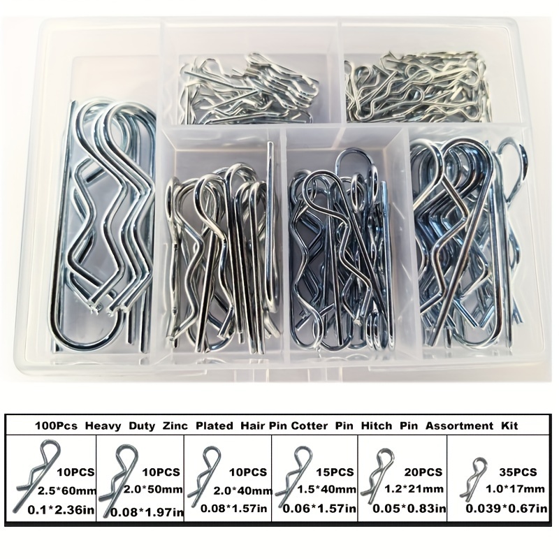 

100pcs Heavy Duty Zinc Plated R-shaped Spring Cotter Pin Assortment Kit, Metal Slotted Standard Body Style Spring Pins For Secure Fastening