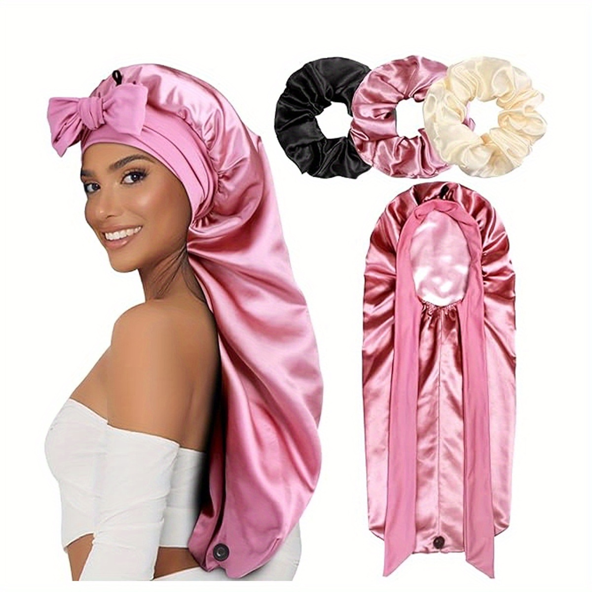 1+3 Long Satin Bonnet With Headband, Suitable For Women's Sleeping, Large Braided Hat