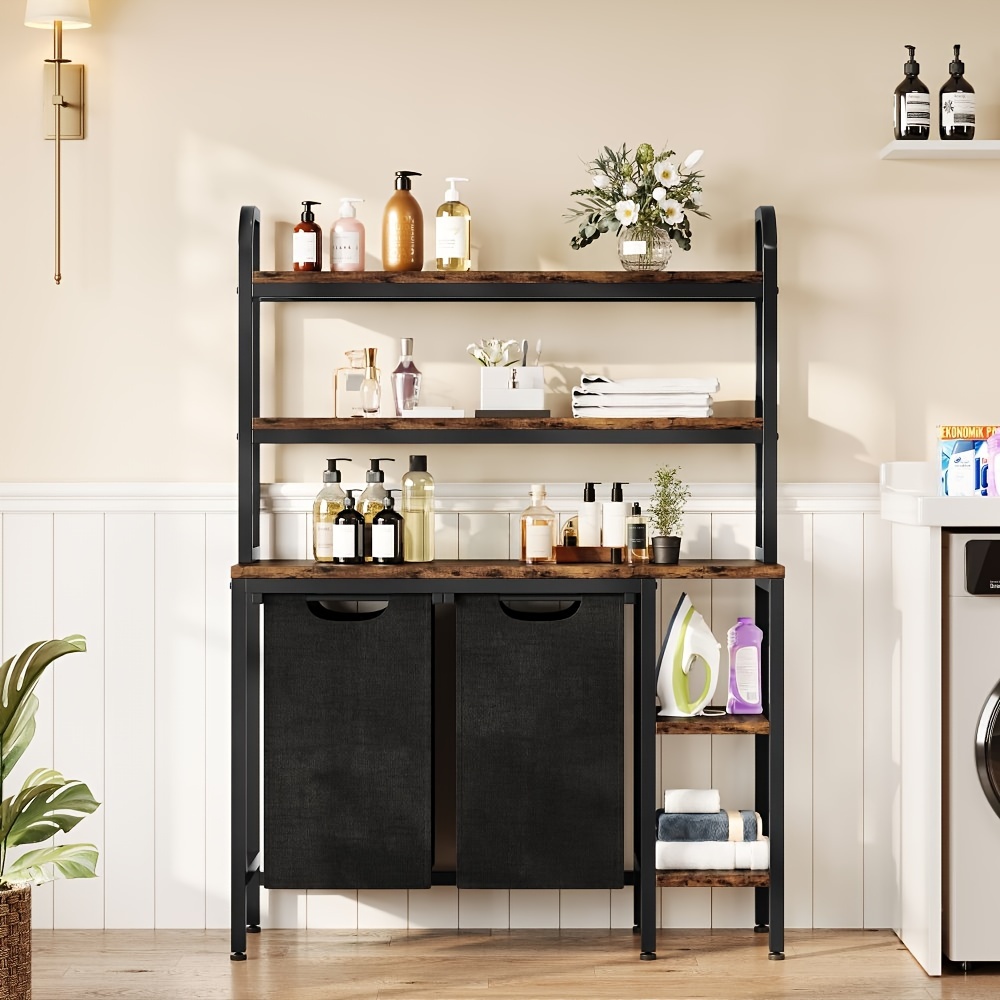 

Laundry Basket, Laundry Hamper 2 Section With Side Shelves, 3 Tiers Laundry Sorter With 2 Pull-out And Removable Laundry Bags, Black & Rustic Brown