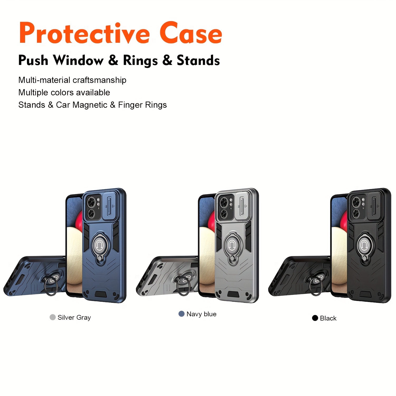 

Compatible Push Window Case With Ring Holder – Pc Material Durable Phone Cover With 360° Metal Bracket, Lens Protection Slider, Multi-material Design