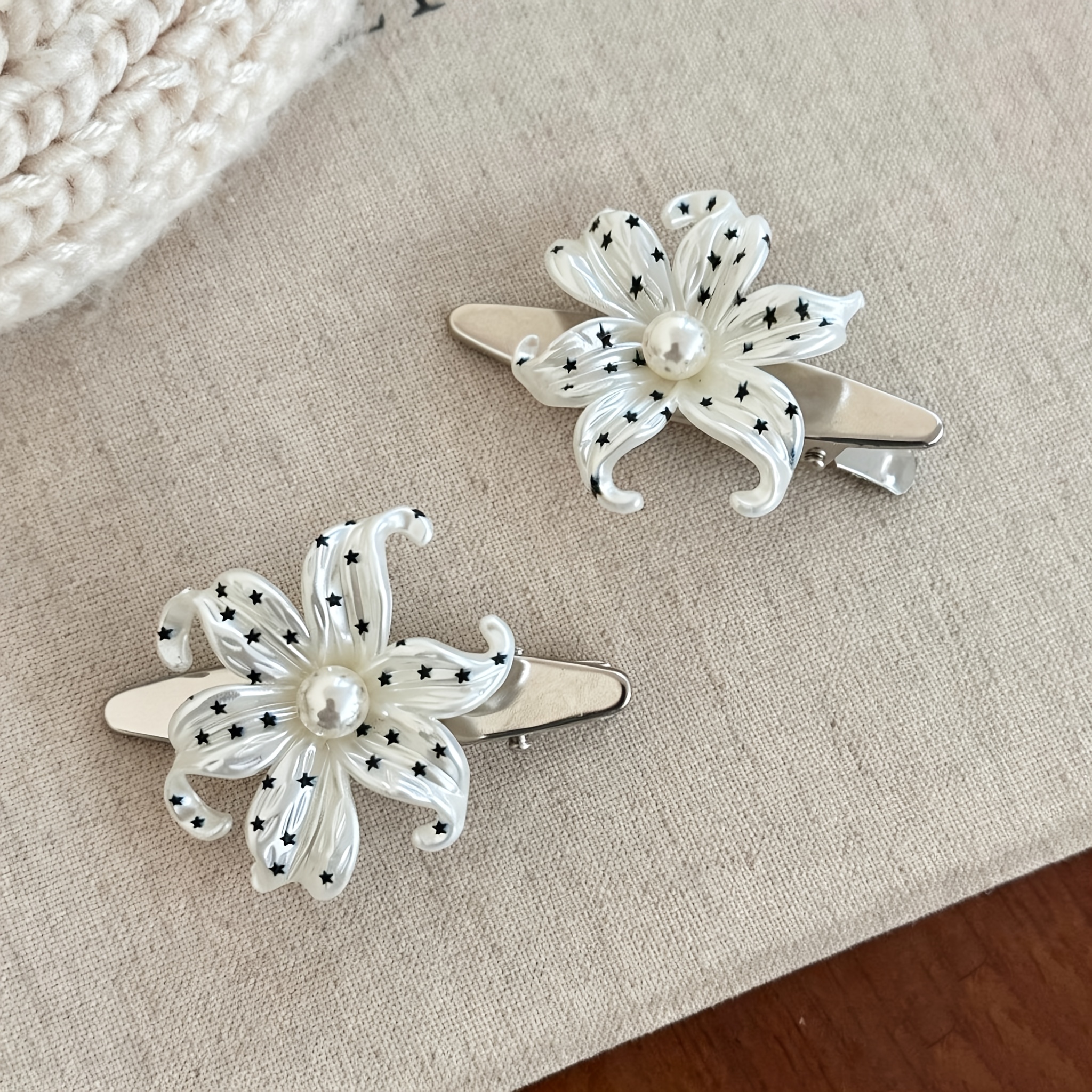 2pcs French-Style White Polka Dot Flower Hair Clips Set