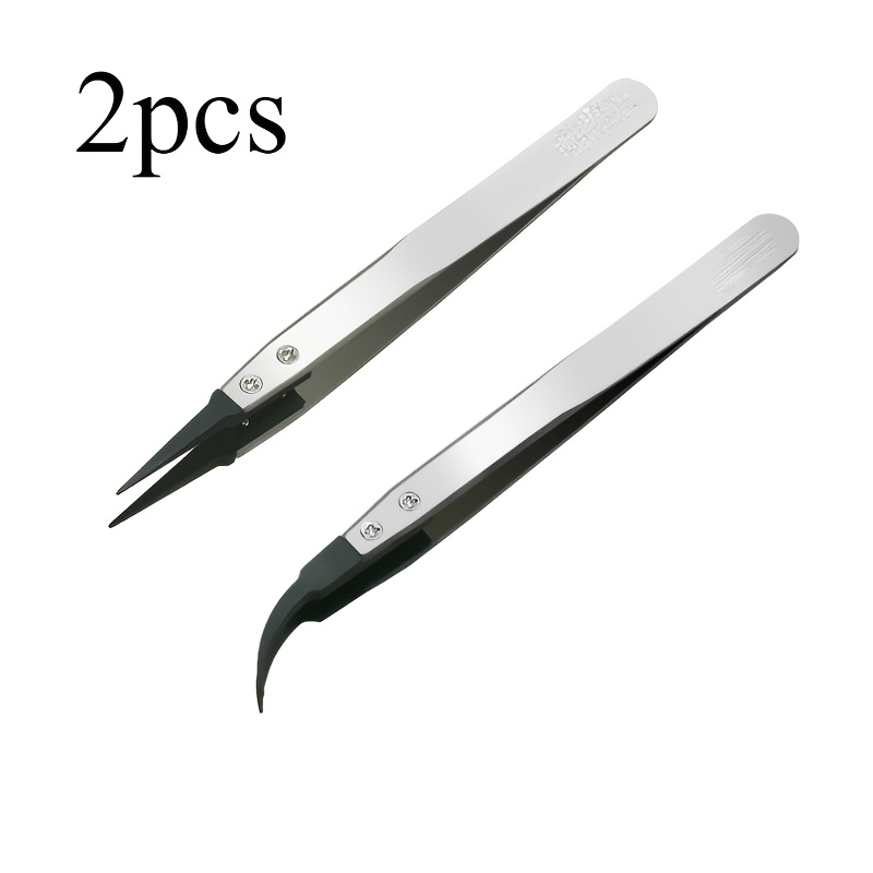 TEMU 2pcs Esd Anti-static Precision Tweezers - Anti-static Tip, Heavy-duty Metal Construction, Suitable For Electronics, Jewelry Making, And Crafts -