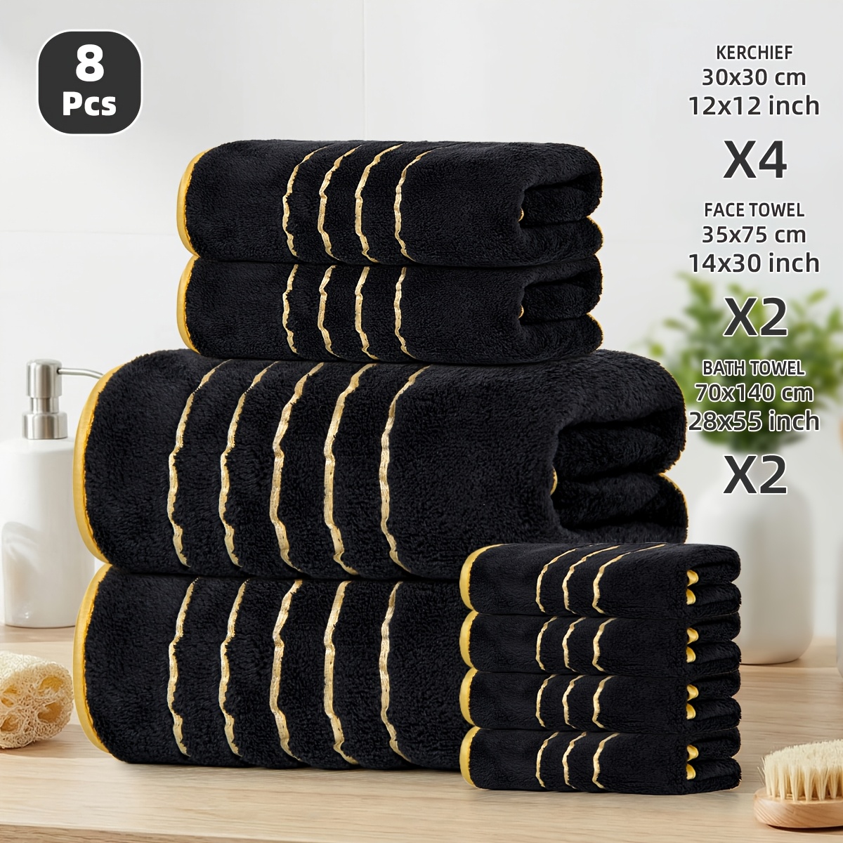 TEMU 8pcs Golden Towel Set, Large-sized Bath Towels, High Absorbency And Quick Drying, Shawl And Hair Towel Gift Set, Suitable For Home Showers,
