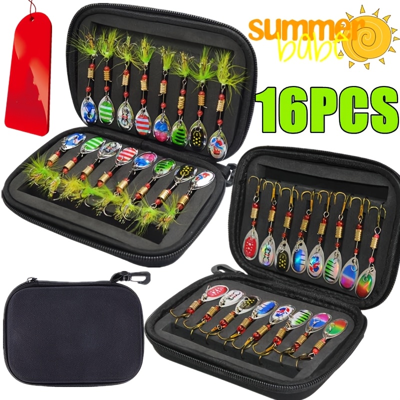 16pcs-Set Metal Spoon Spinner Señuelo de pesca, Cucharilla Crankbaits Wobblers de pesca Pike & Crochet Kit, Cebo artificial