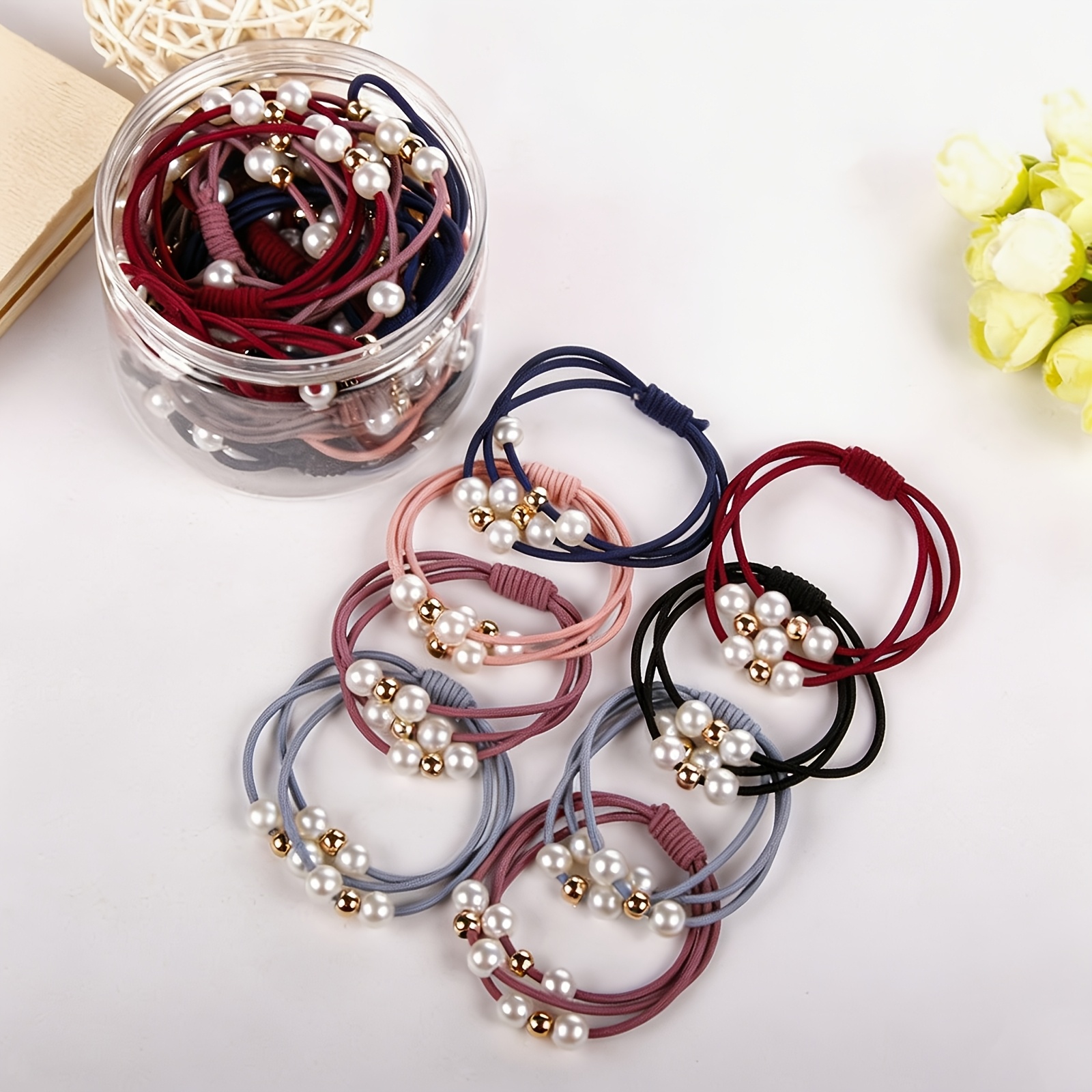 TEMU 8pcs Assorted Colors 9-bead High-elasticity Hair Ties, Fluffy High Ponytail Hair Ties, Hair Elastic Bands, Women's Hair Accessories,