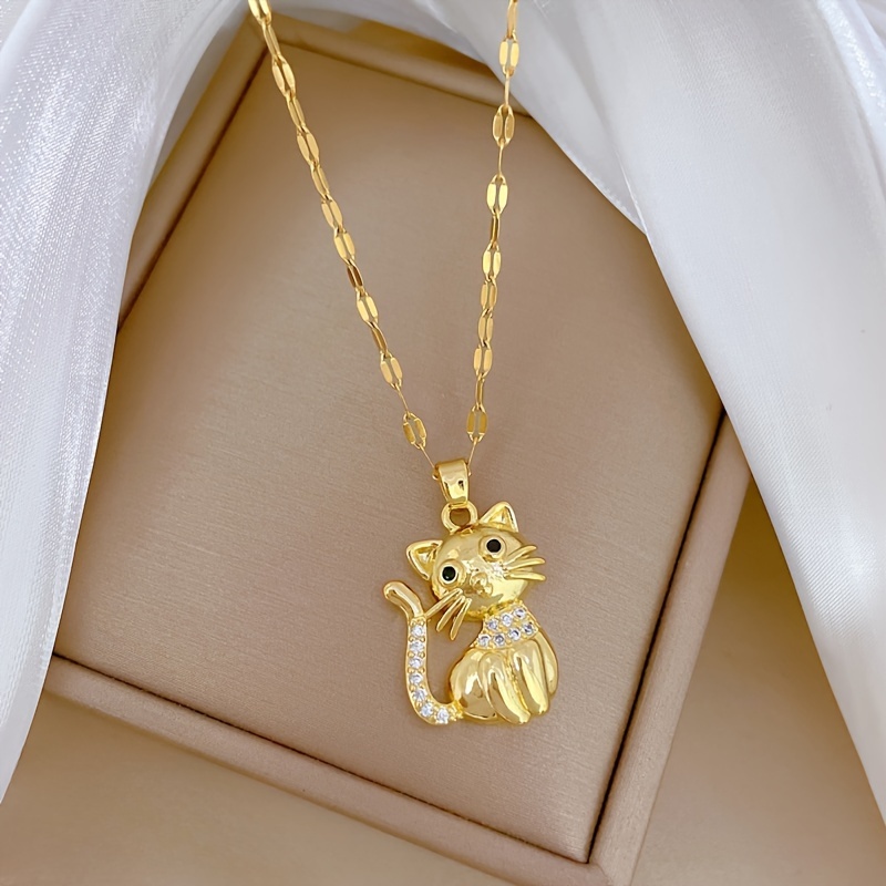 

Chic Stainless Steel Cat Pendant Necklace With Imitation Zirconia Accents - Fashionable Animal Theme Jewelry, Ideal For Women Over 15, Elegant Birthday Gift For Girls, Friends, And Family