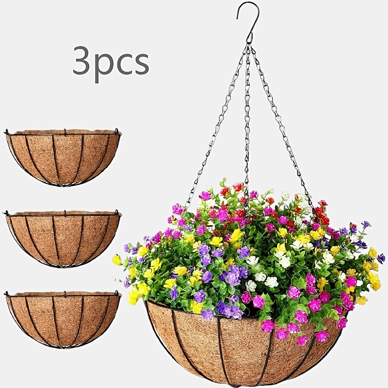 TEMU Metal Plant Hanging Basket Set (10-inch), Featuring A Rust-resistant Chain And Coconut Coir Lining, Suitable For Outdoor Use In Gardens, Patios,