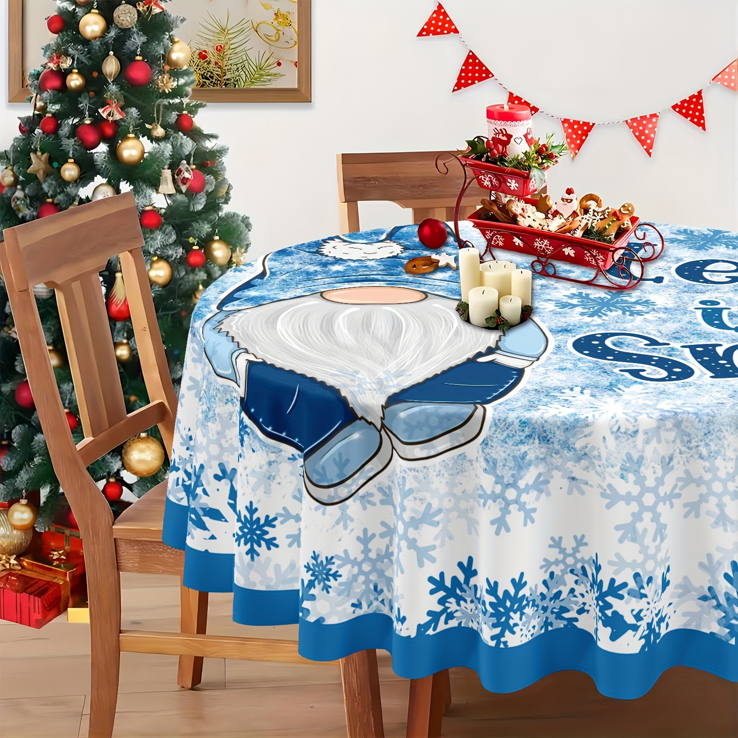 

Charming Blue Gnome & Snowflake Christmas Tablecloth - Waterproof Polyester, Round/rectangle, Perfect For Holiday Parties, Picnics & Patio Celebrations