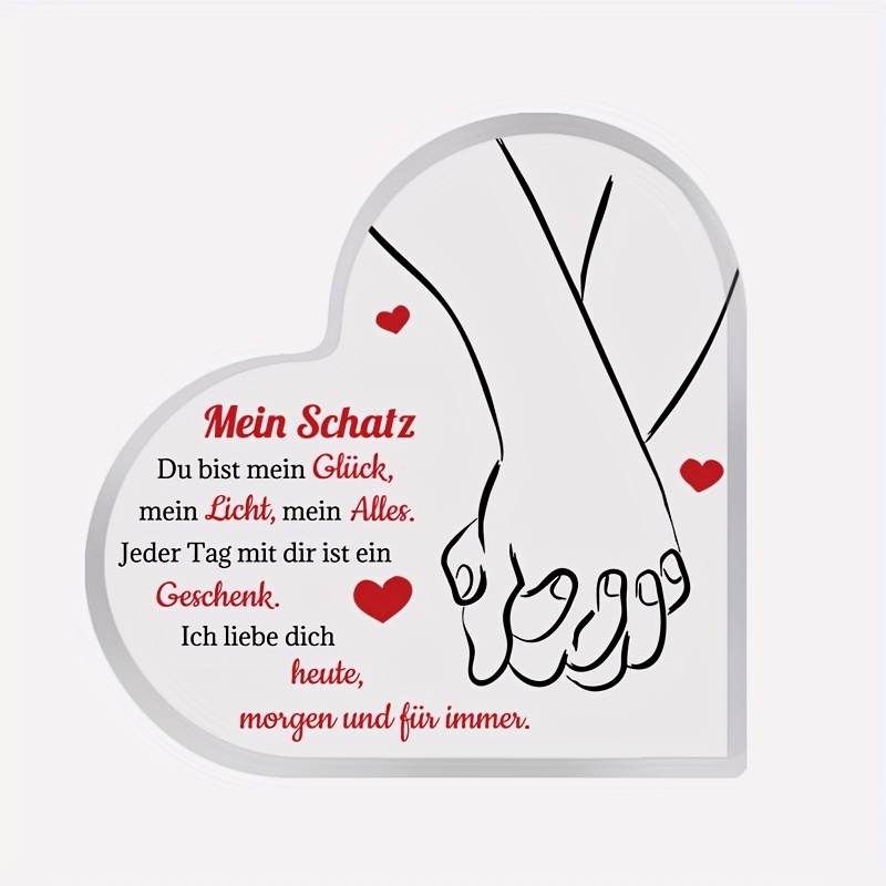 E-shop 2D Flach, 1 Stück, Klassisches Deutsches Acryl-Herz-Schreibtisch-Dekoschild Plakette, "Ich liebe dich – Heute, Morgen, Für Immer." Ein Geschenk