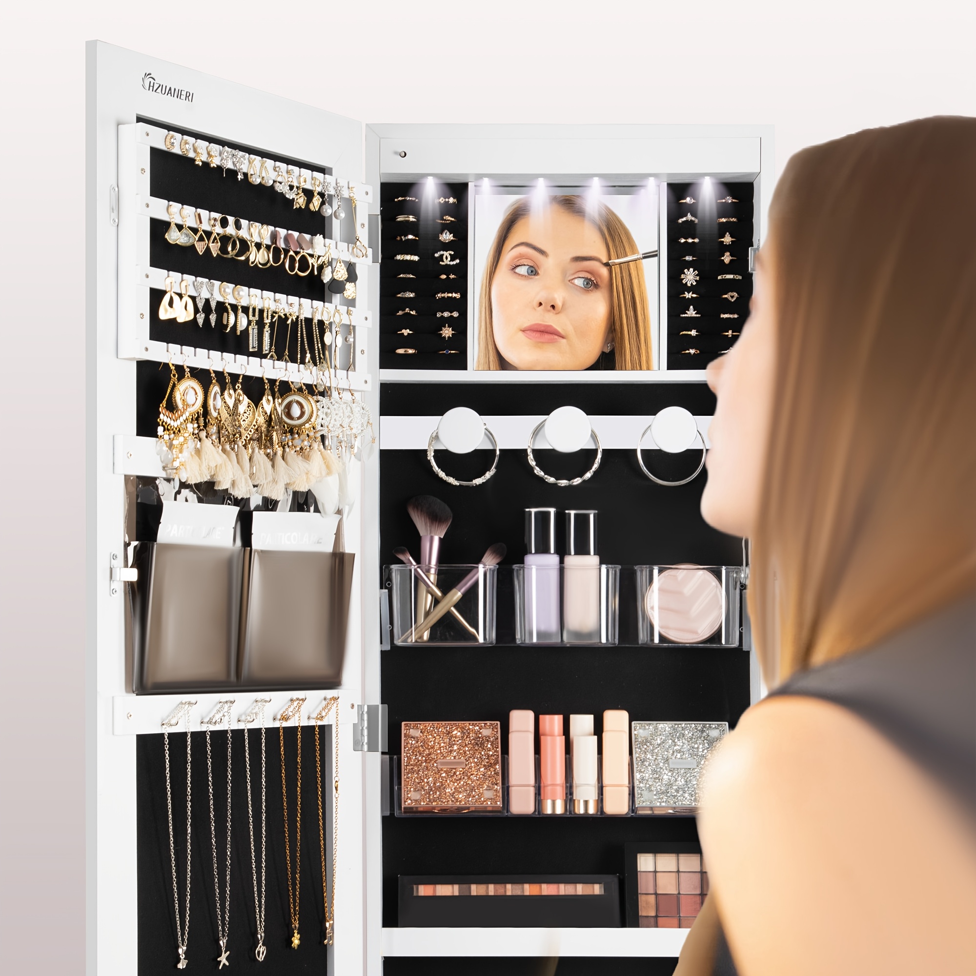 5-tier lockable jewelry organizer cabinet with , full-length with wheels, 6 led lights, 5-tier storage rack, white - , hardwood construction, 3, 2+ cubic feet capacity, 68.58cm height, easy assembly, jewelry organizer storage, vanity storage, , durable furniture, | Köp Mer Och Få Mer Rabatt | Temu