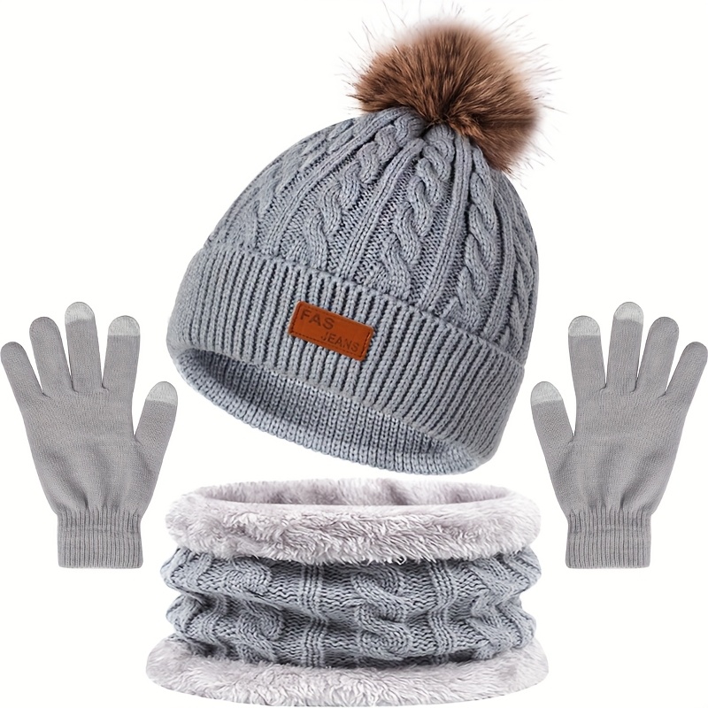 TEMU Women's Autumn And Winter Hat, Scarf, And Gloves Set With Pom-pom Hat, Touchscreen Gloves, And Fleece Neck Warmer. Suitable For Adults And Teens