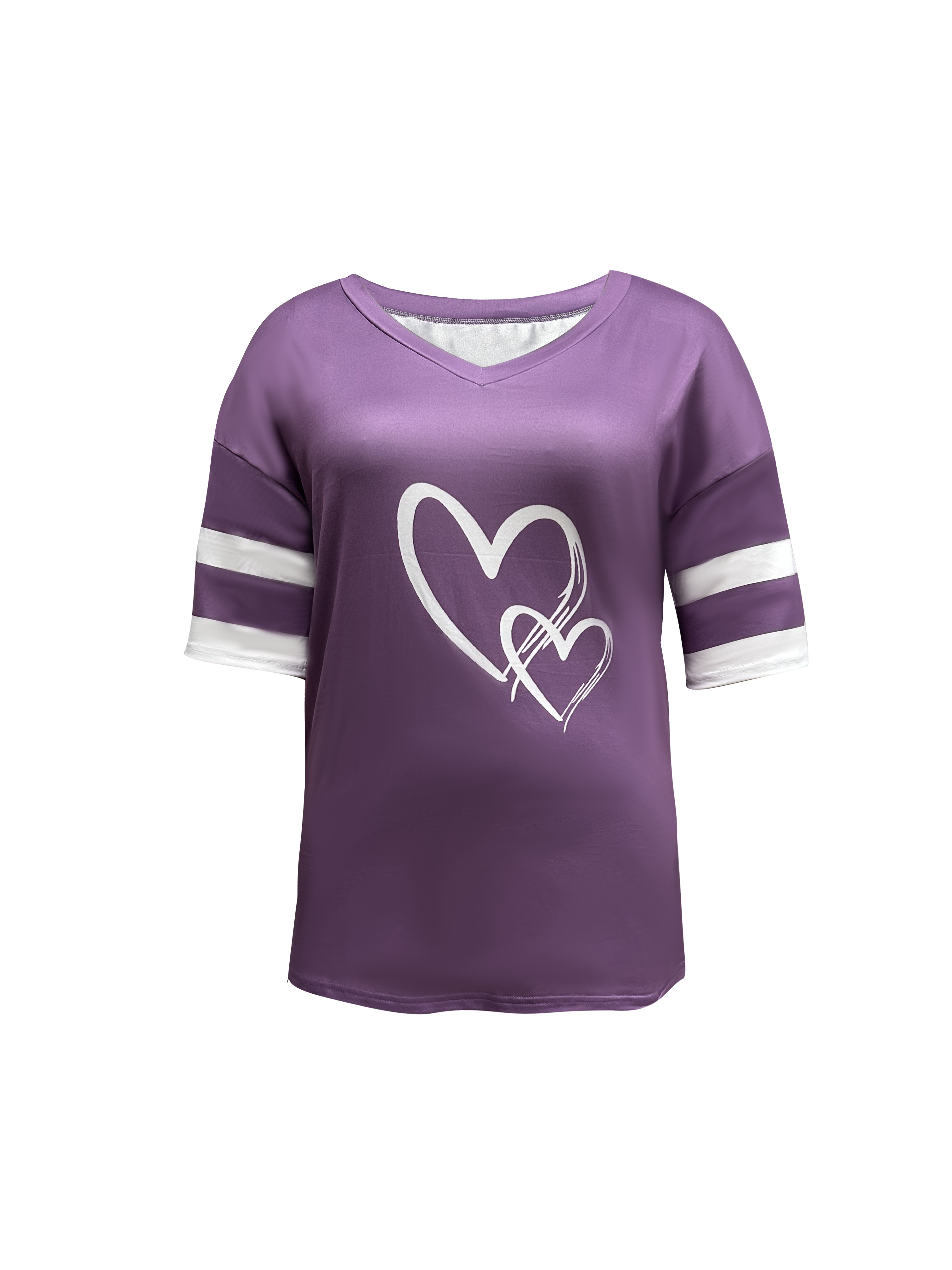 Women's Casual V-Neck Short Sleeve T-Shirt - Royal Blue with White Heart Print, Breathable Fabric, Machine Washable for Spring Summer Fall, Seasonal Fashion, Striped Detailing, Relaxed Fit Shirt