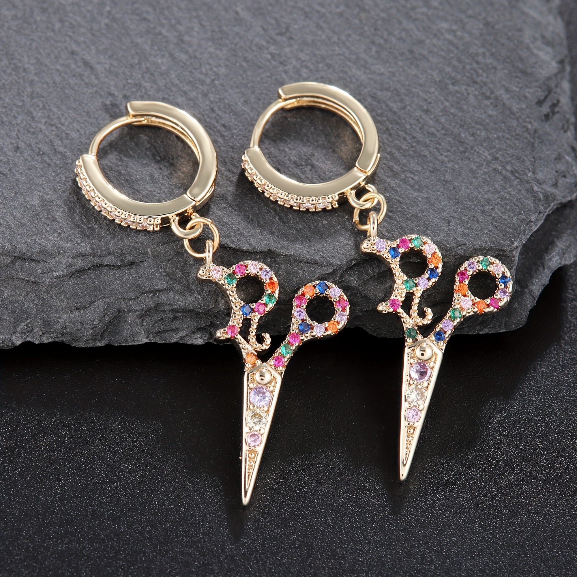 

2pcs Gold-plated Scissors Earrings With Gemstones - Punk Rock Style Copper Hoops For , Nickel-free, Ideal For & Parties, Unique Festival Gift, Novelty Earrings