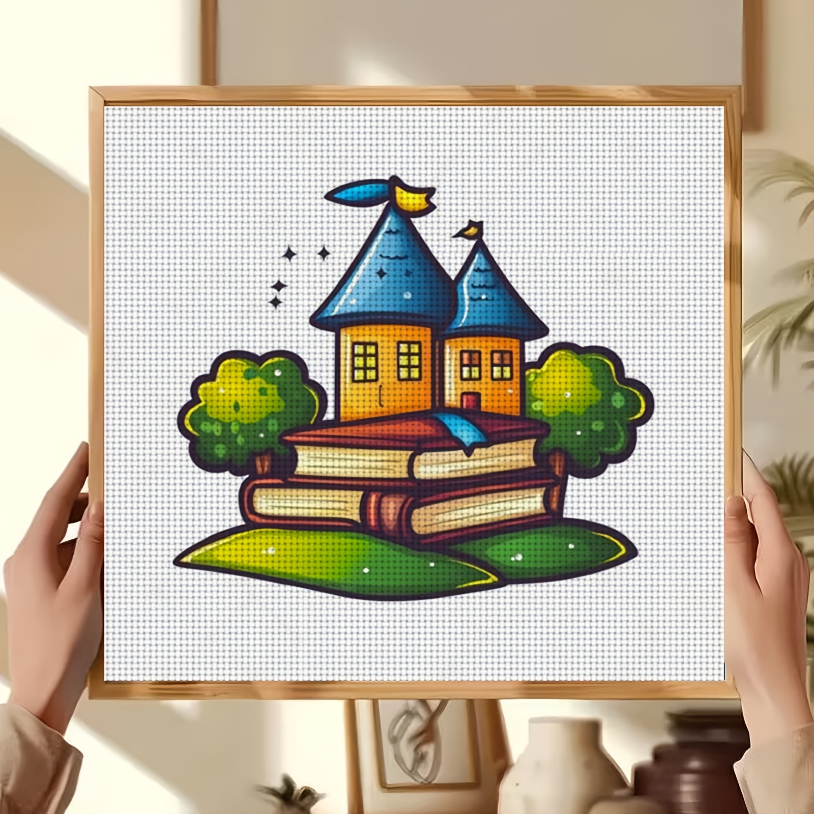 Cross-Stitch Printing Kit, 'Book Stack Castle' Design for Beginners