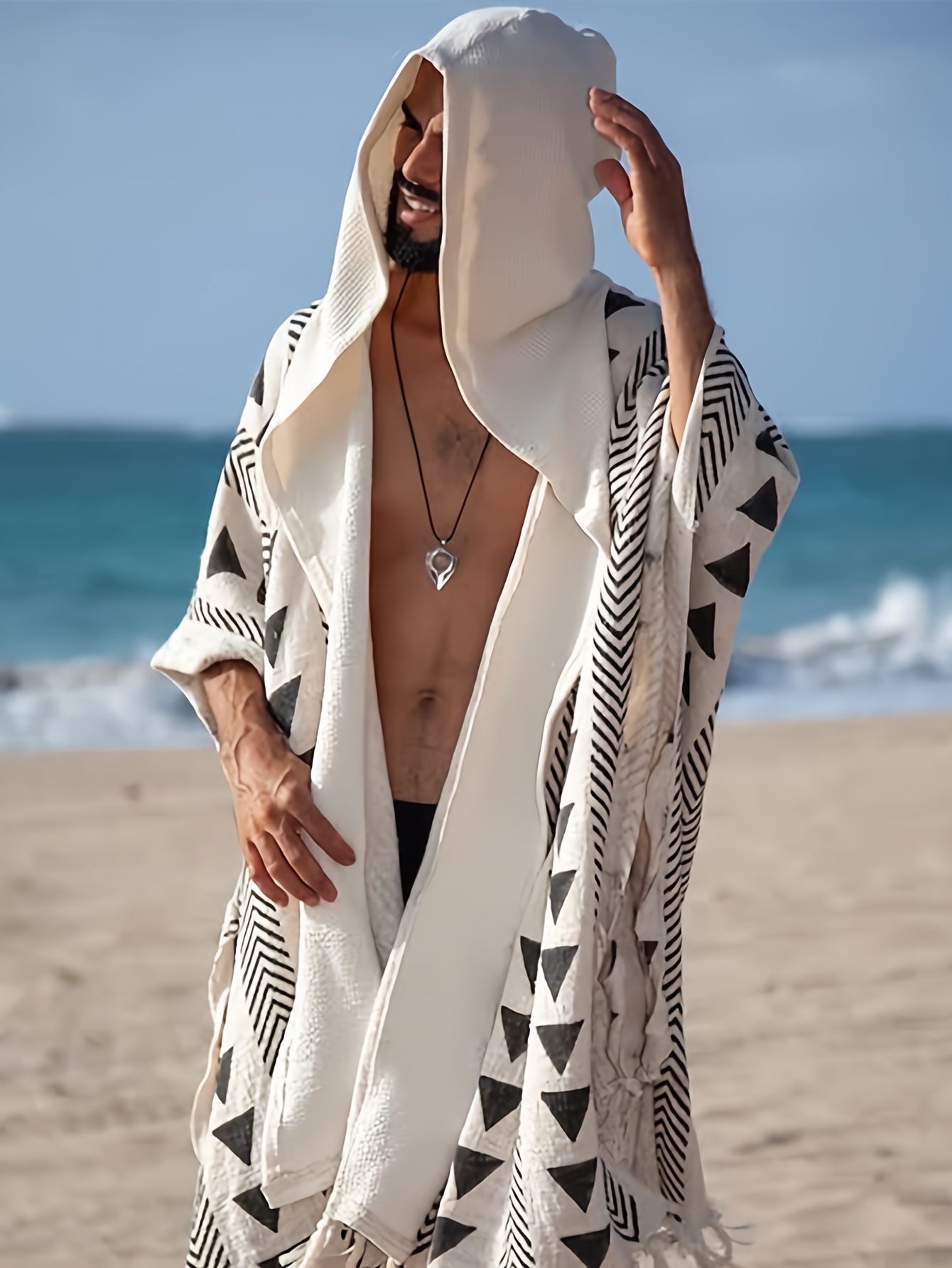 mens bohemian beach robe lightweight quick dry shirt hood Temu
