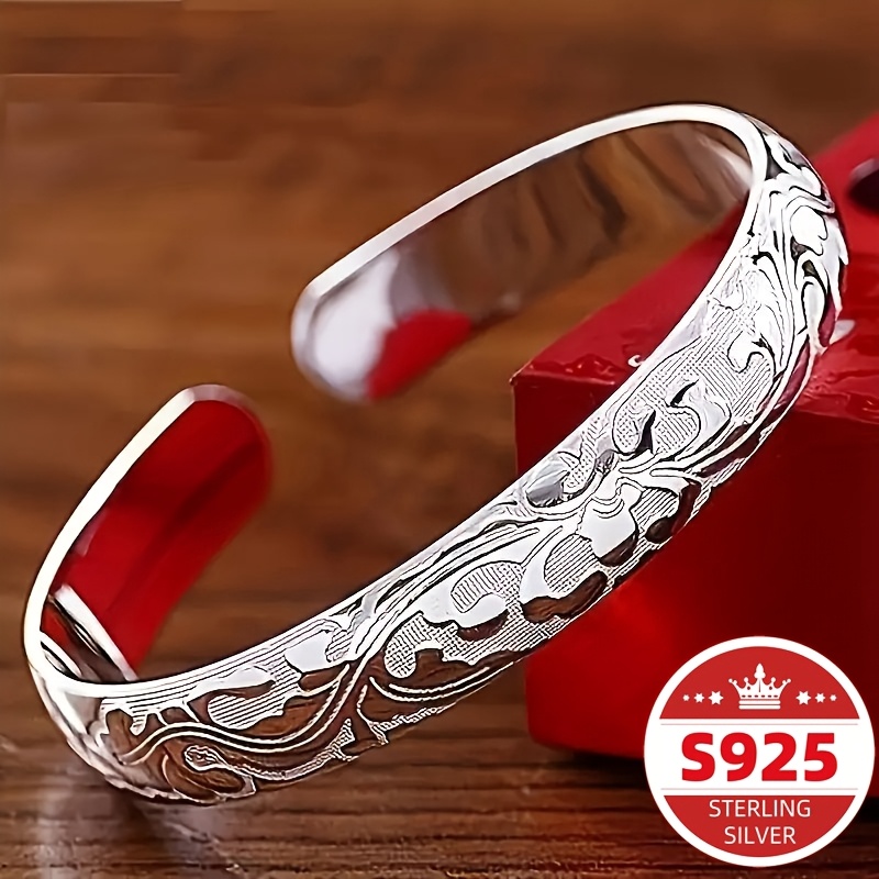 

1pc Style 925 Sterling Silver Floral Engraved Open Cuff Bracelet, 10g, Adjustable, Daily & Gift , Valentine's Day Jewelry Gift