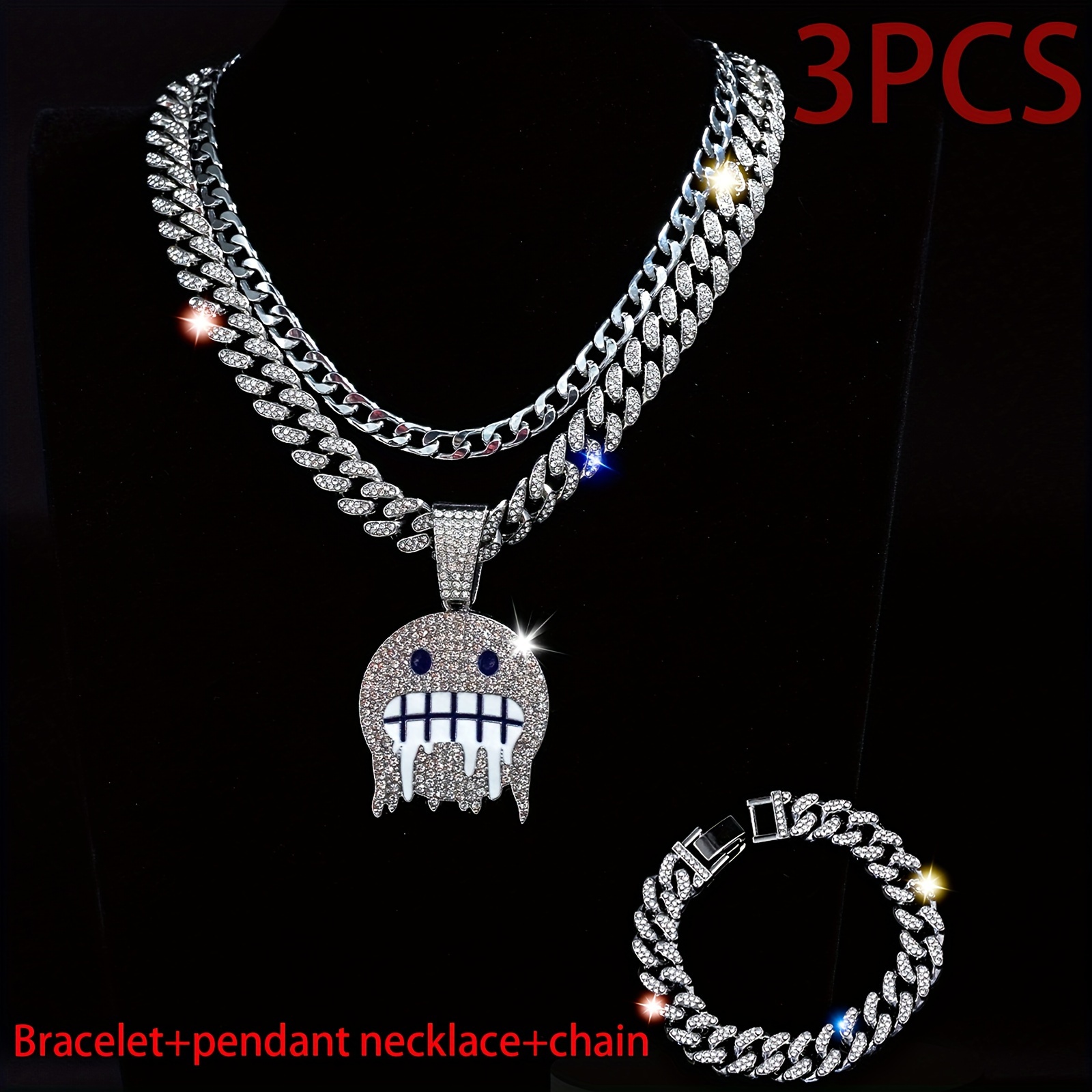 

3pcs Creative Cold Expression Hip Hop Style Punk Cuban Chain Bracelet Necklace Jewelry Set Inlaid Rhinestones Unisex Jewelry