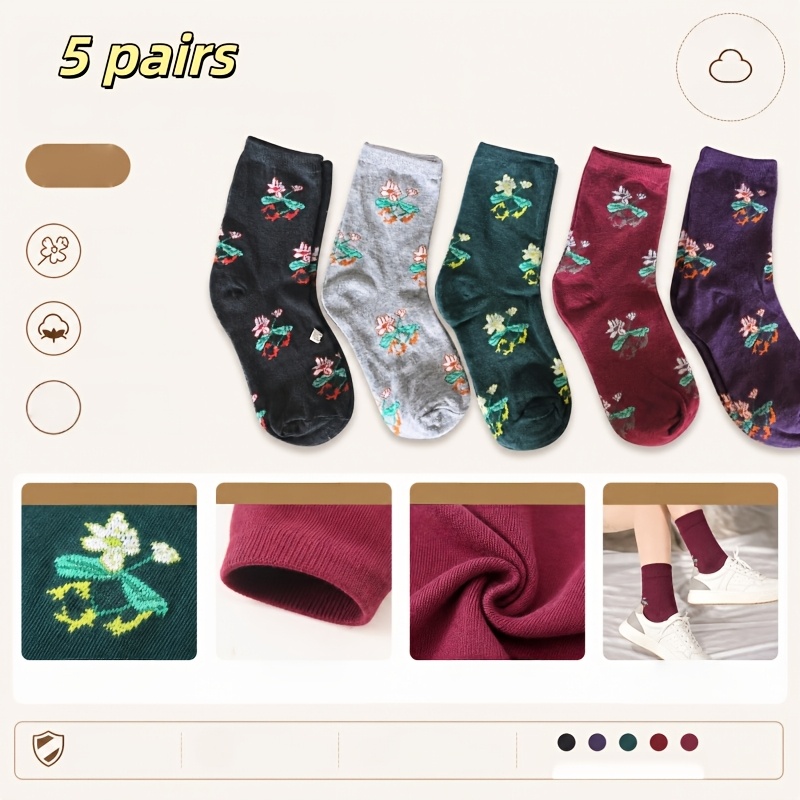 TEMU 5 Pairs Women Vintage Floral Mid Calf Socks, Floral Print Socks, Breathable Warm Casual Mom Socks For Autumn Winter