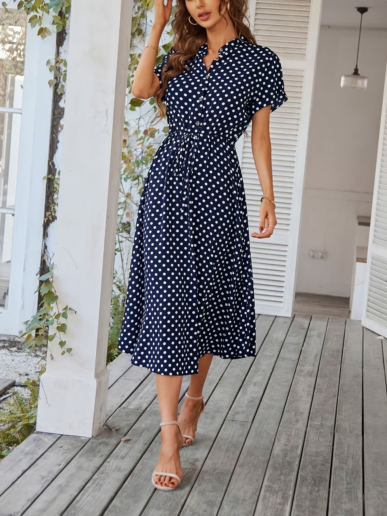 polka dot print half button front tie dress women's clothing - Temu