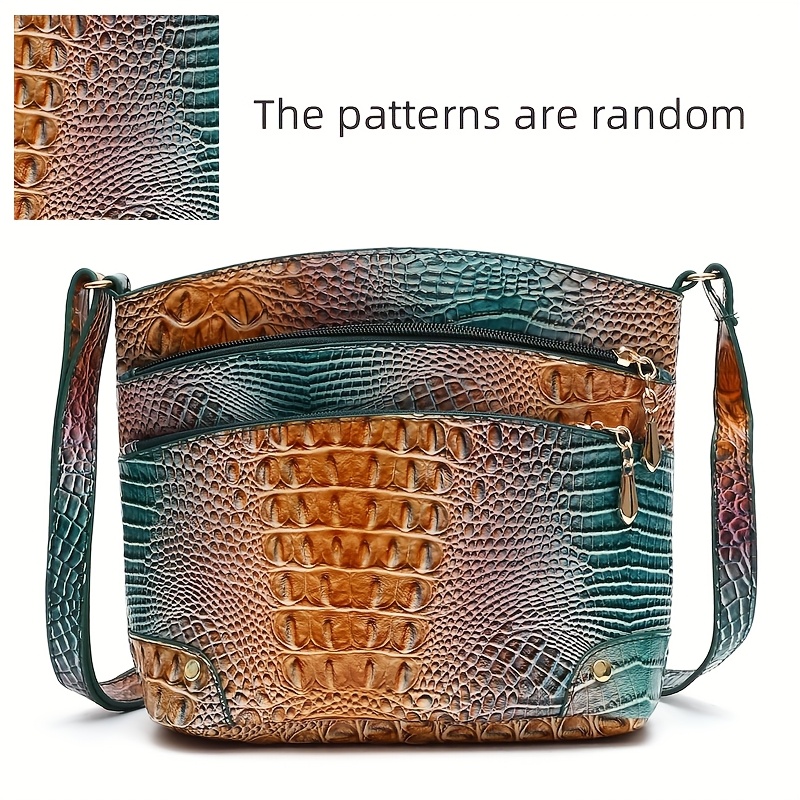 Image of Women's Crocodile-print Bucket Bag Suitable For Crossbody/shoulder Carry, Adjustable Strap & Zipper Closure, Large Retro Handbag With Pattern, -tone Suitable For //casual, Tote