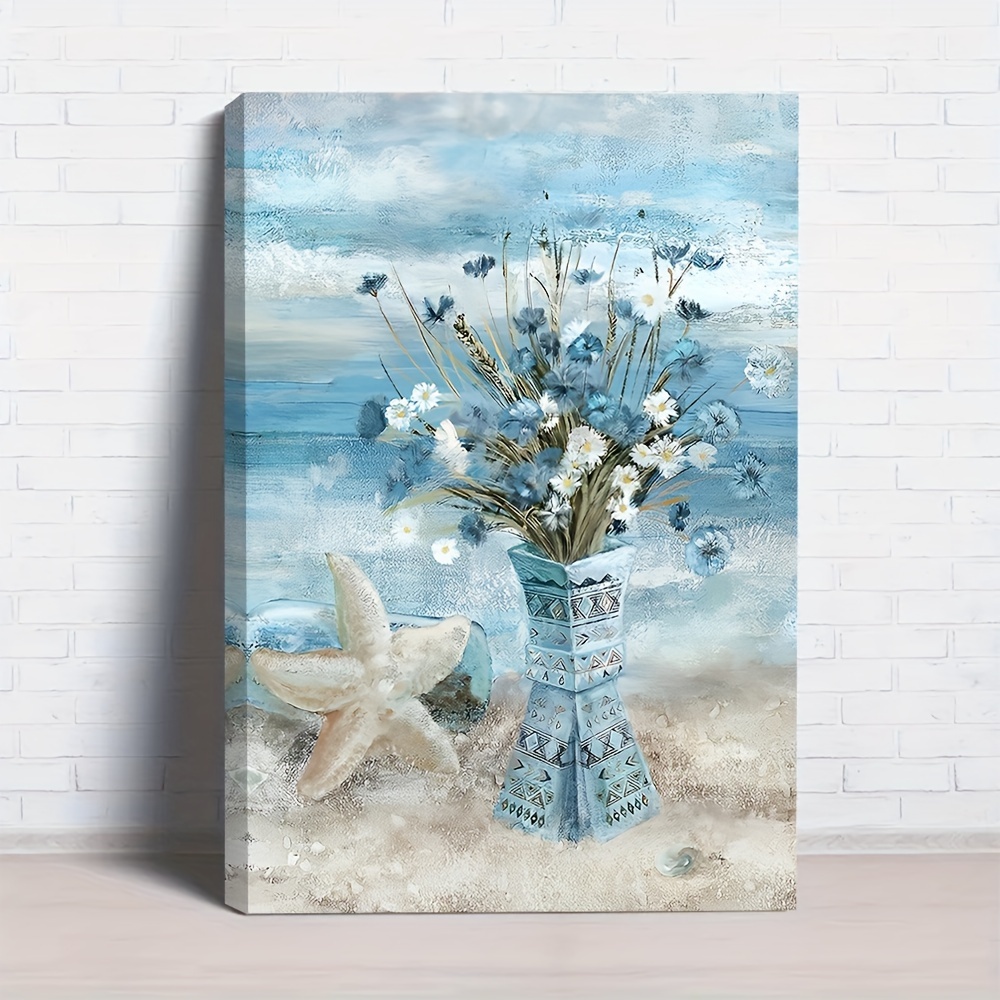 

1pc Wooden Framed Canvas Painting Seaside Daisies Inspirational Paintings Wall Art Prints For Home Decoration, Living Room & Bedroom, Festival Party Decor, Gifts, Ready To Hang