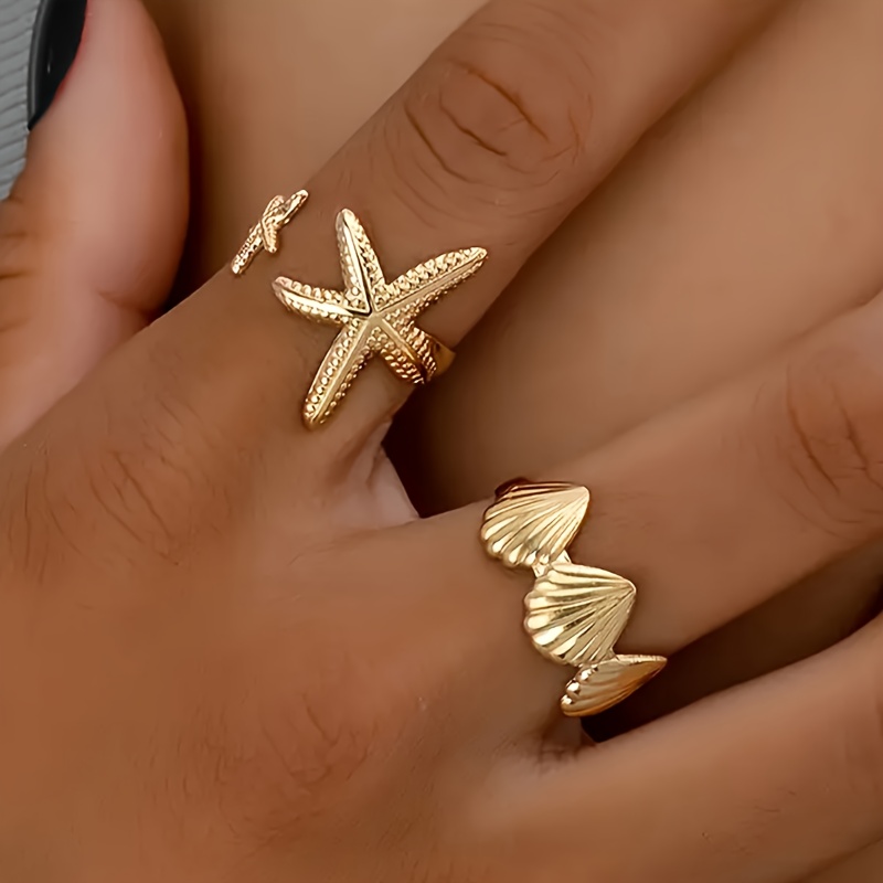 2pcs Set Of Ocean-themed Rings, Golden Starfish And Seashell Design, Easy And Versatile, Suitable For Summer And Vacation Wear