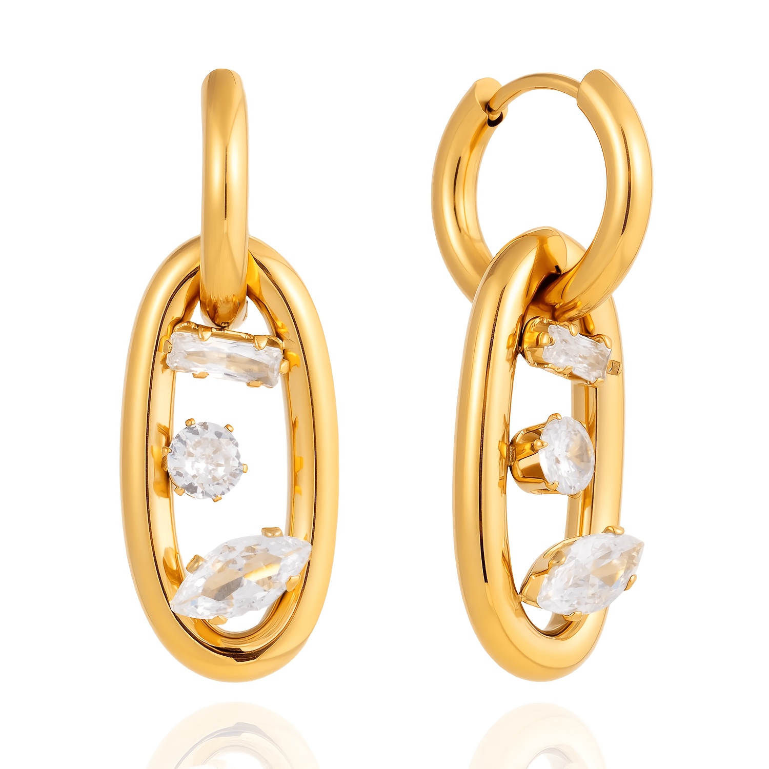 TEMU 1 Pair Of Stainless Steel Geometric White 3a Zirconia Double Hoop Earrings, Suitable For Daily Wear