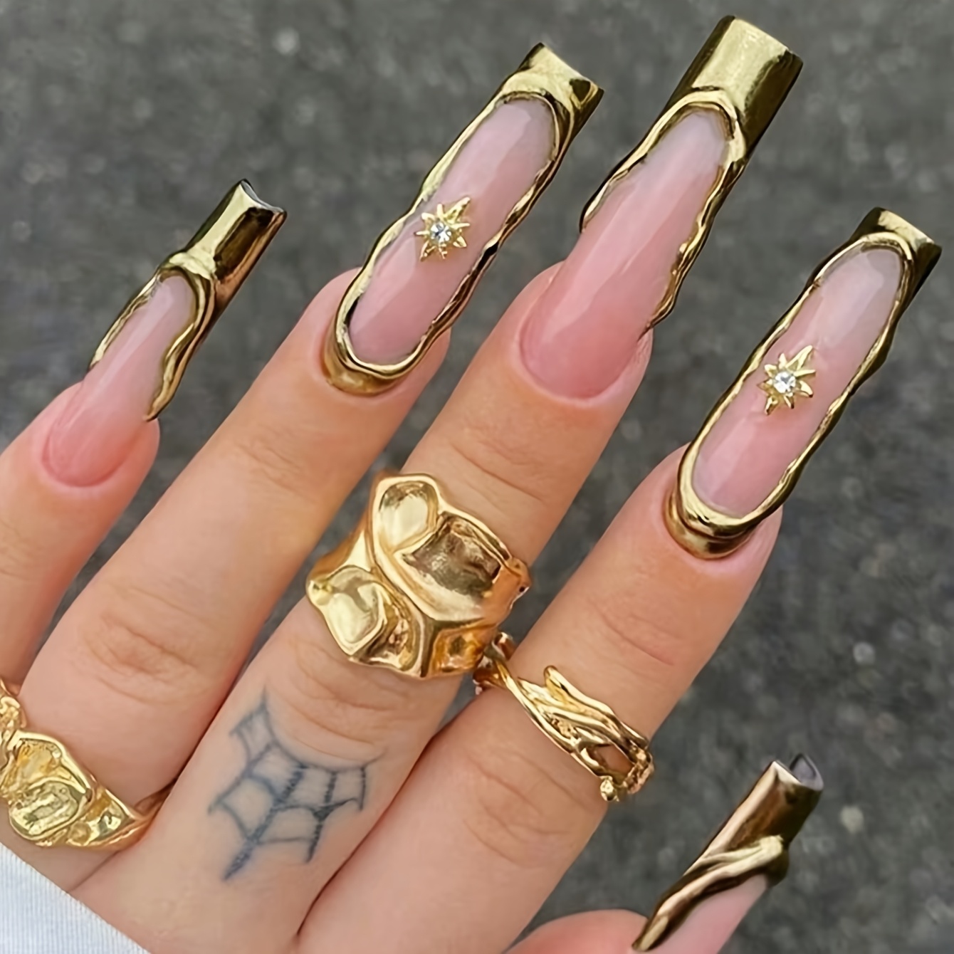 TEMU 24pcs Press-on Nails Suitable For - Long Square False Nails With Gilded Star & Rhinestone, Ultra-long Length, Striped/rhinestone Tips, Tool Kit