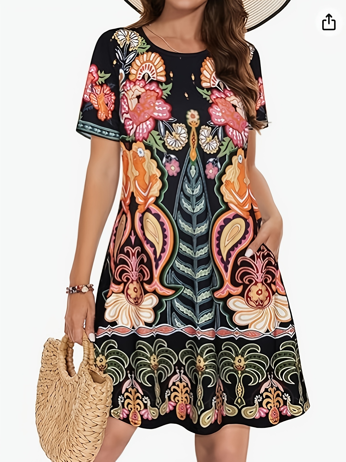womens short sleeve button front v-waist dress | blue dino landscape | bamboo main image 1