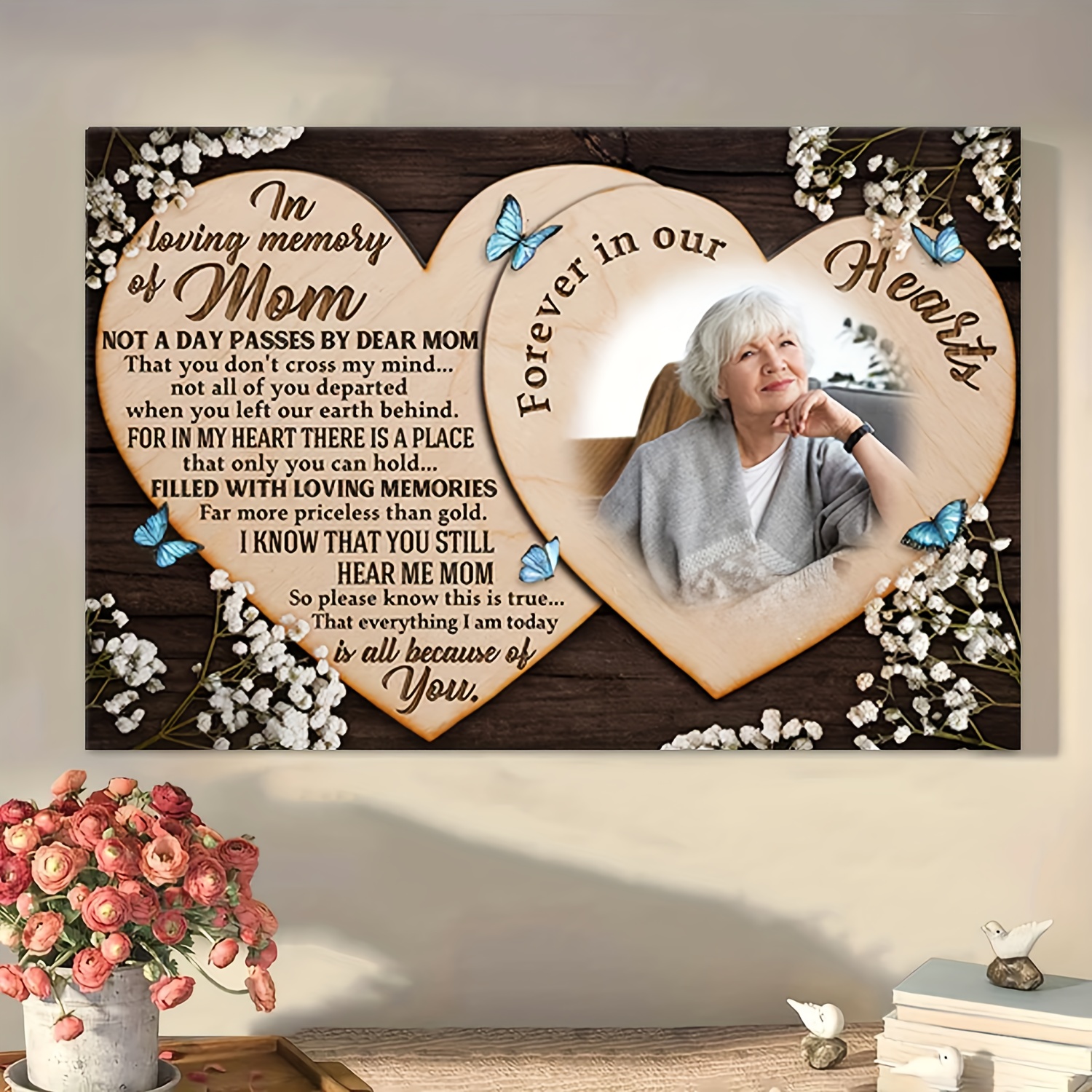 

Personalized Wooden Framed Canvas Painting: In Loving Memory Of Mom - Custom Photos - 40cm X 15.7cm - Art Deco, Classic, Modern, Suitable For Home, Office, Kitchen, Bathroom, Indoor/outdoor Use