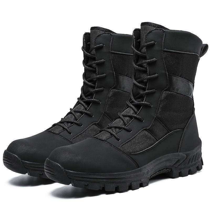 TEMU Tactical Boots - High Top Lace- Style Boots For , Solid Color, Durable Pu Upper, Breathable Fabric Inner, Slip-resistant Tpr Sole, Round Toe Military Training & Hiking Boots