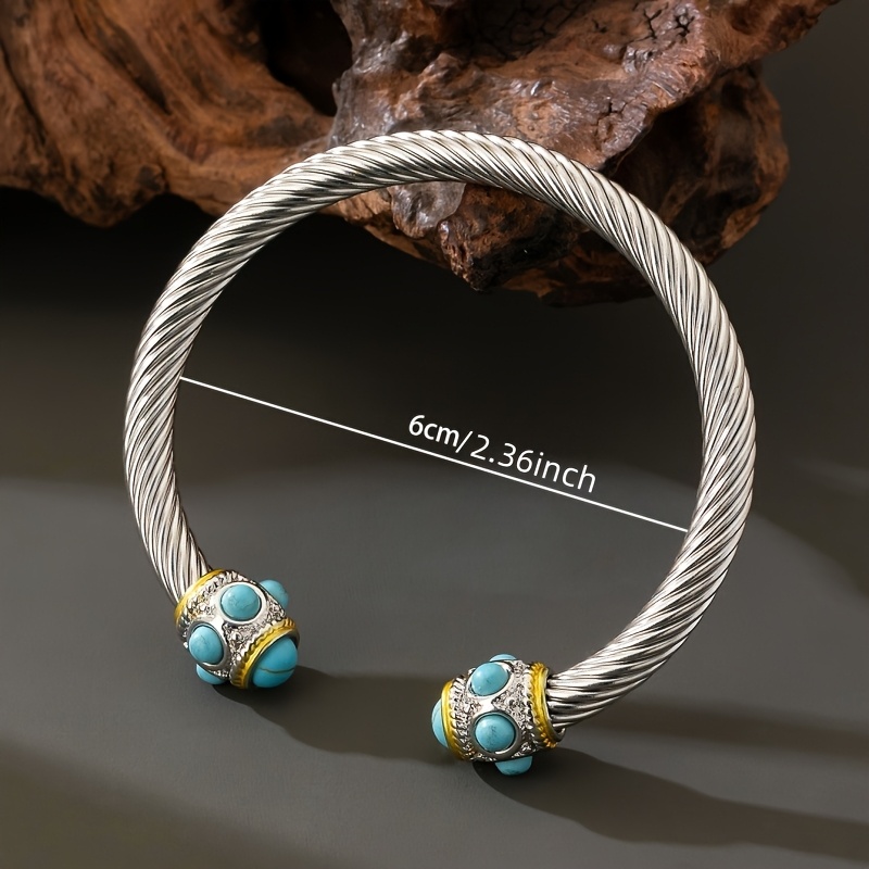 Women's Vintage Blue Synthetic Stone Open Bangle Bracelet, Adjustable