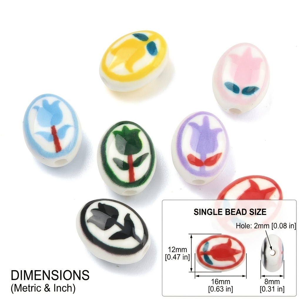 6/9pcs Hand-Painted Tulip Pattern Ceramic Beads, Bohemian Style