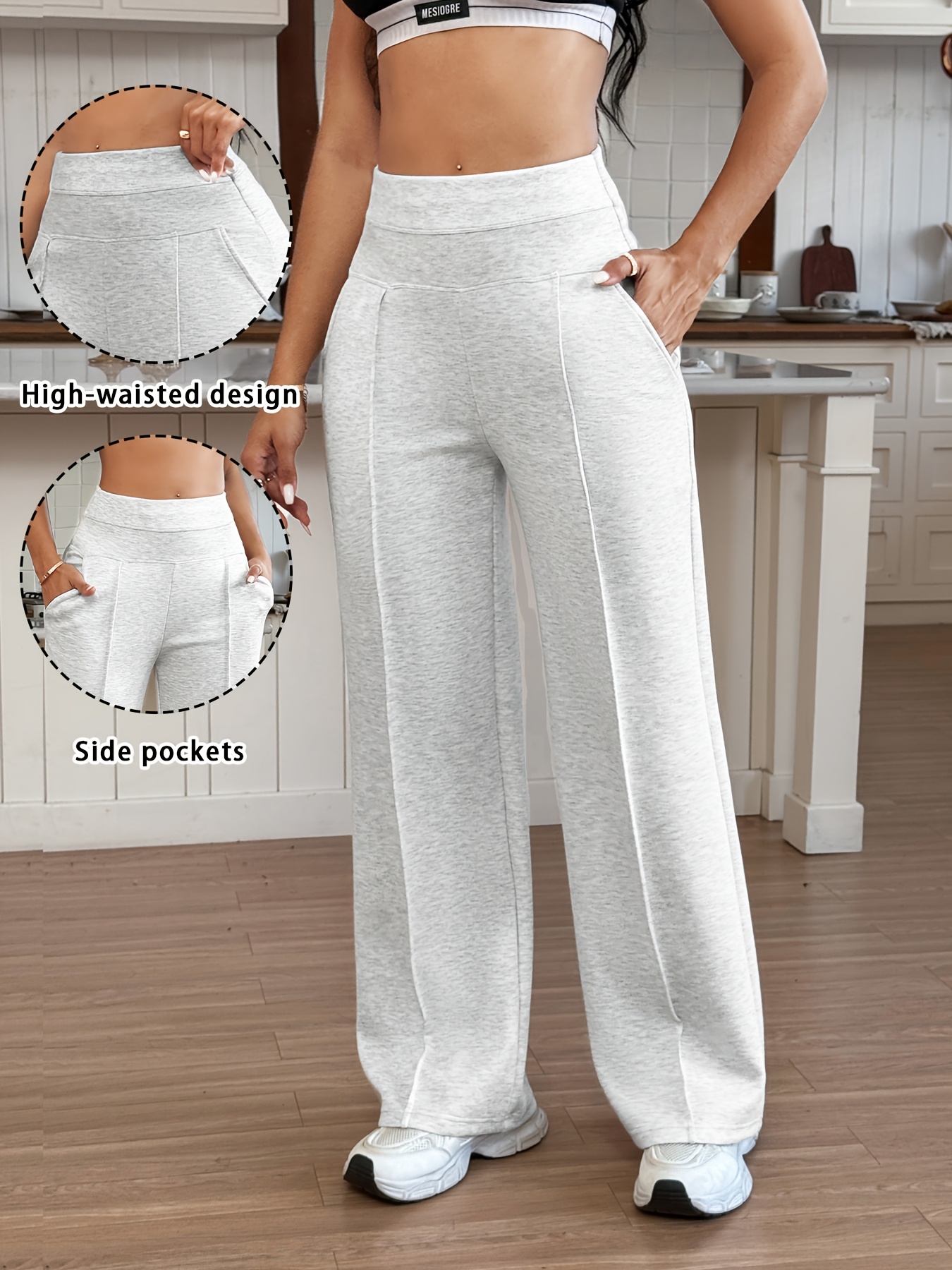 Women's Wide-Leg Trousers with Wide Elastic Waist & Full-Length Pants