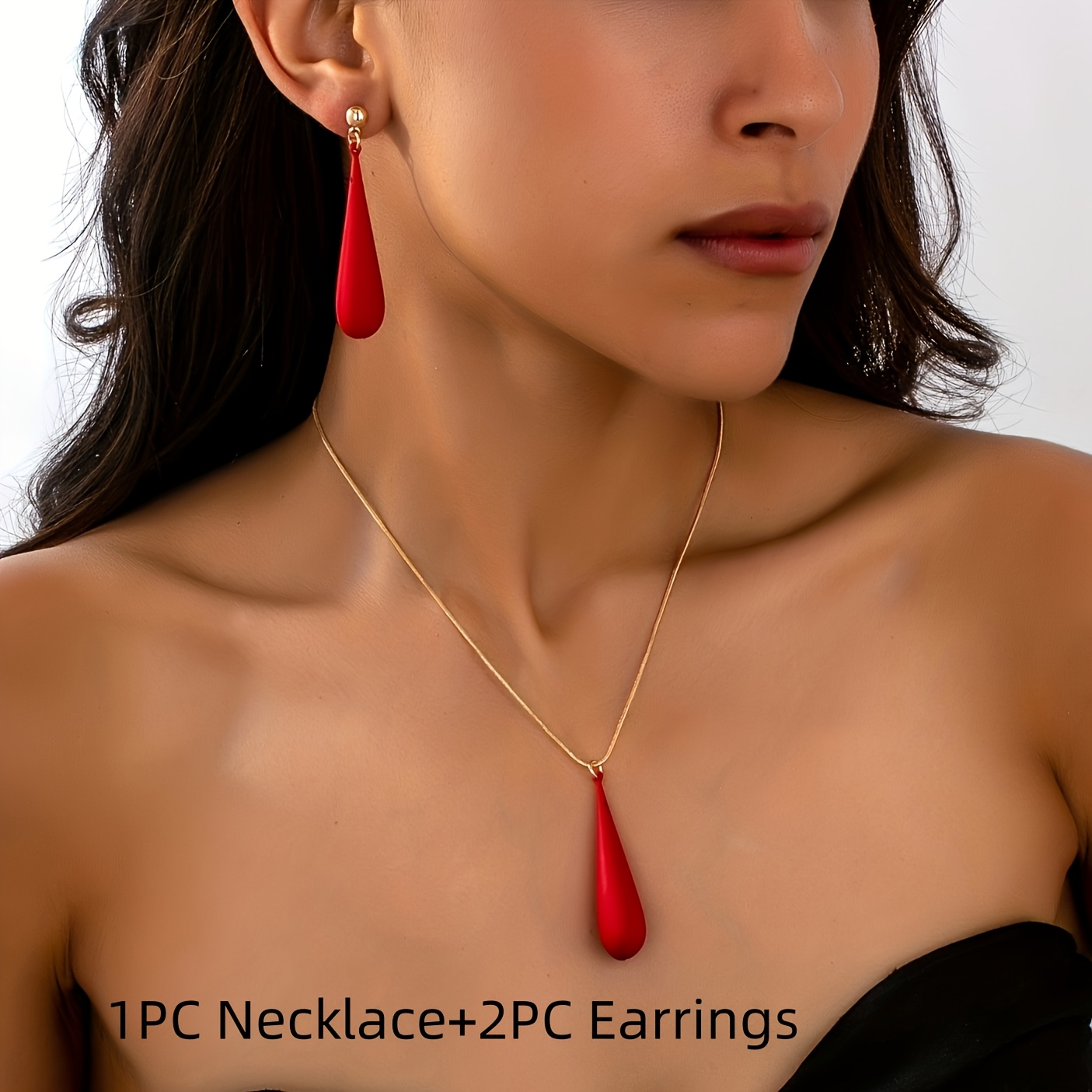 3pc Easy Metallic Style Long Teardrop Pendant Jewelry Set