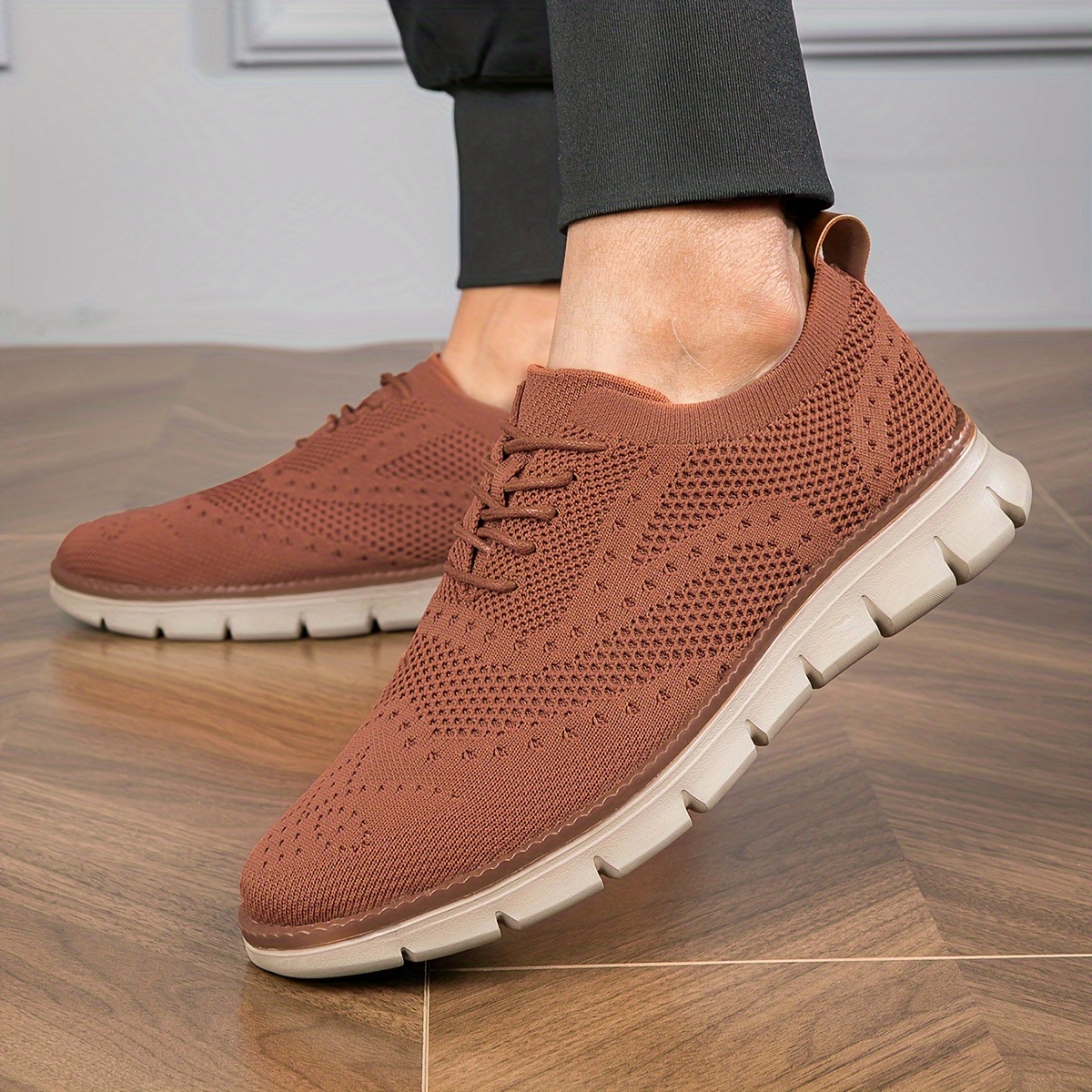 Plus Size Men's Solid Colour Woven Knit Breathable Sneakers, Comfy Non Slip Durable Lace Up Shoes For Men's Outdoor Activities