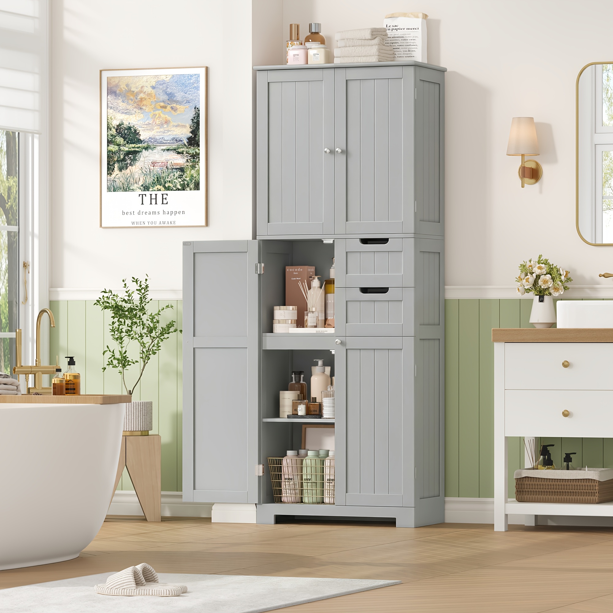 Kealive Tall Bathroom Cabinet, Tall Kitchen Cabinet With And 2 Drawers, Storage Cabinet For Living Room, Kitchen, Dining Room, Office
