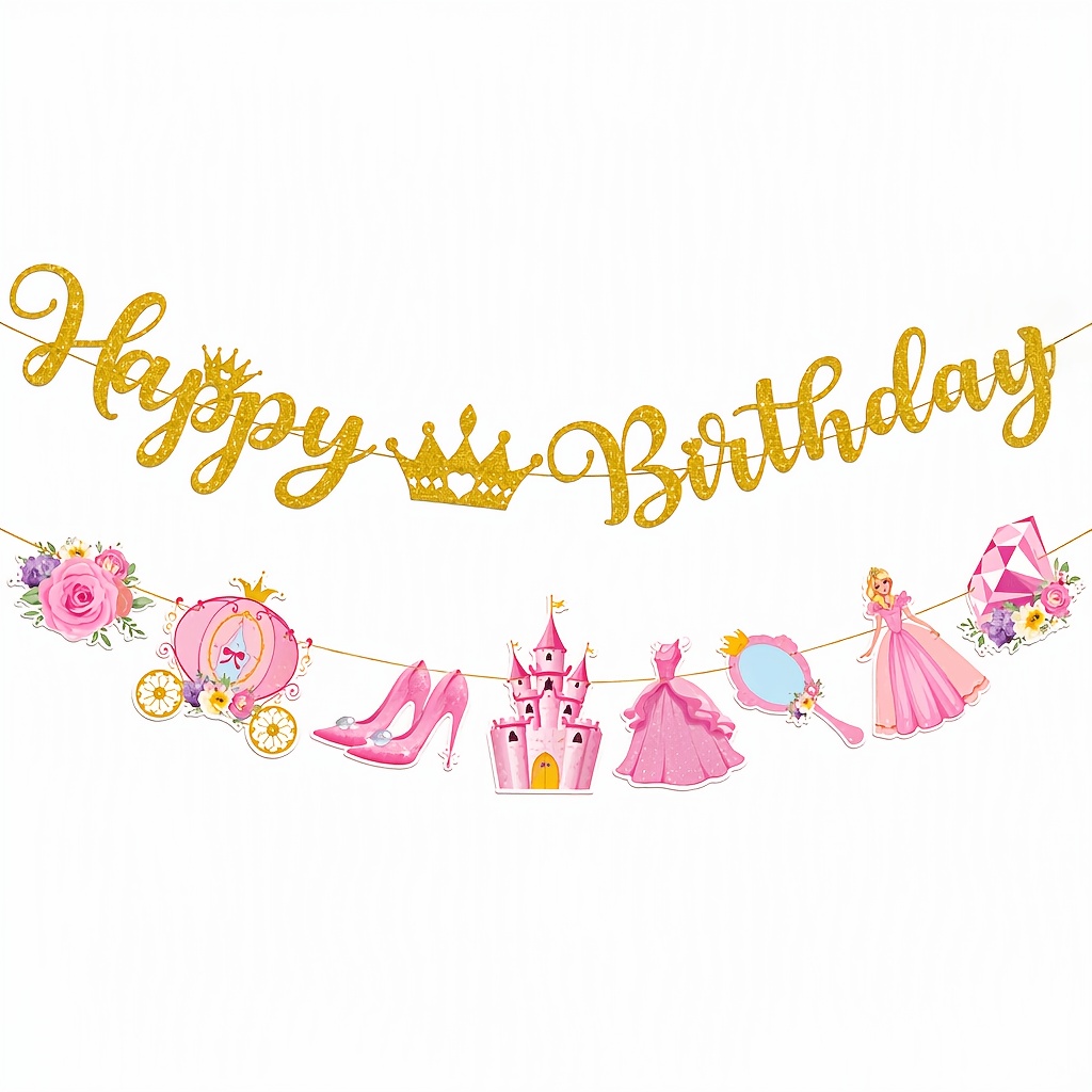 TEMU Bannière de décoration pour fête d'anniversaire de princesse, couronne de lettres joyeuses d'anniversaire dorées et scintillantes, princesse, ,