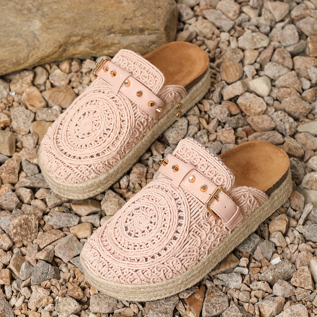 2025 Summer New Women's Rivet Hollow-Out Straw Thick-Sole Casual Vacation Style Slip-On Half-Slip Women's Sandals, Women Shoes