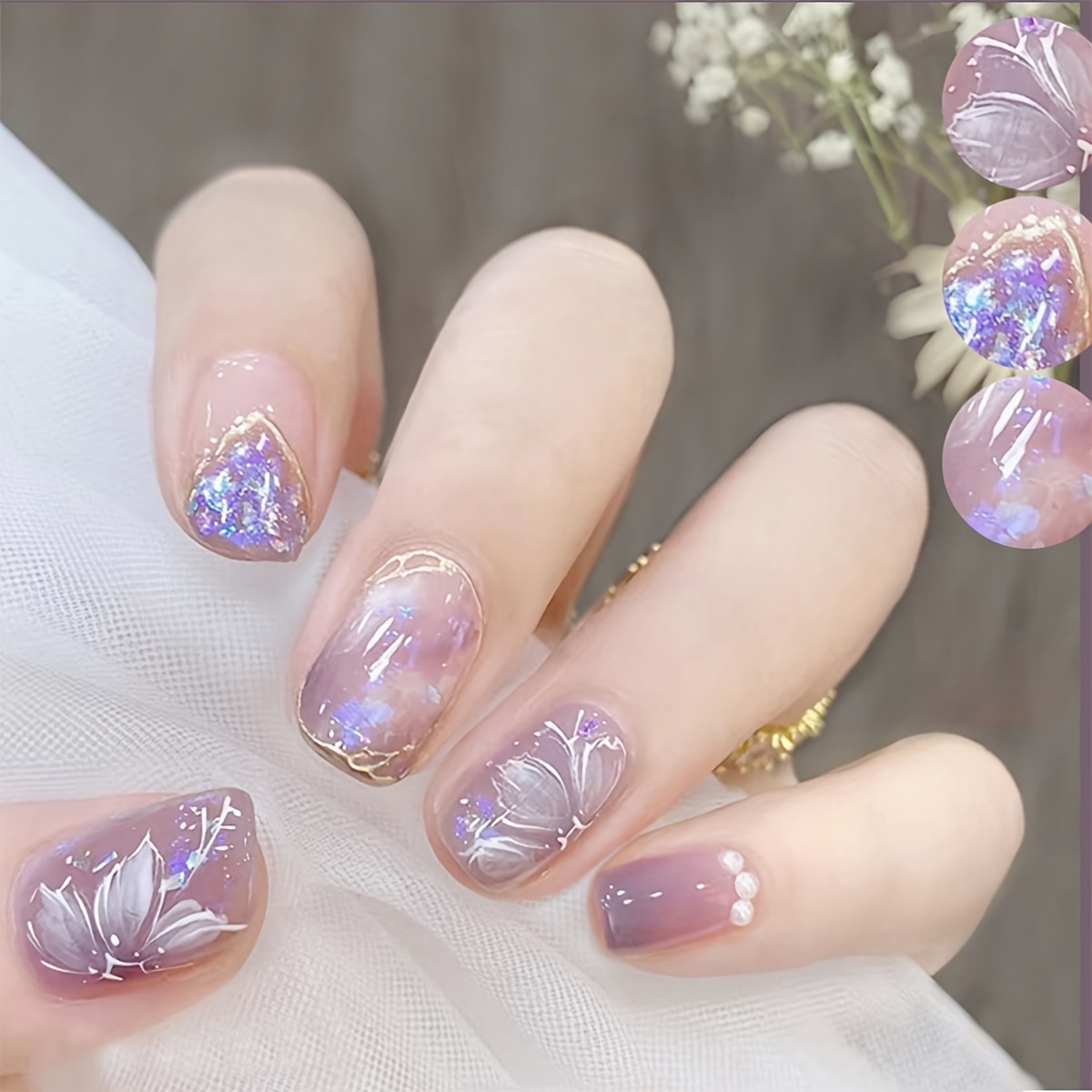 a set of 24 short purple camellia pearl   nails complete with a nail file featuring a glossy   suitable for women and girls for everyday wear details 0