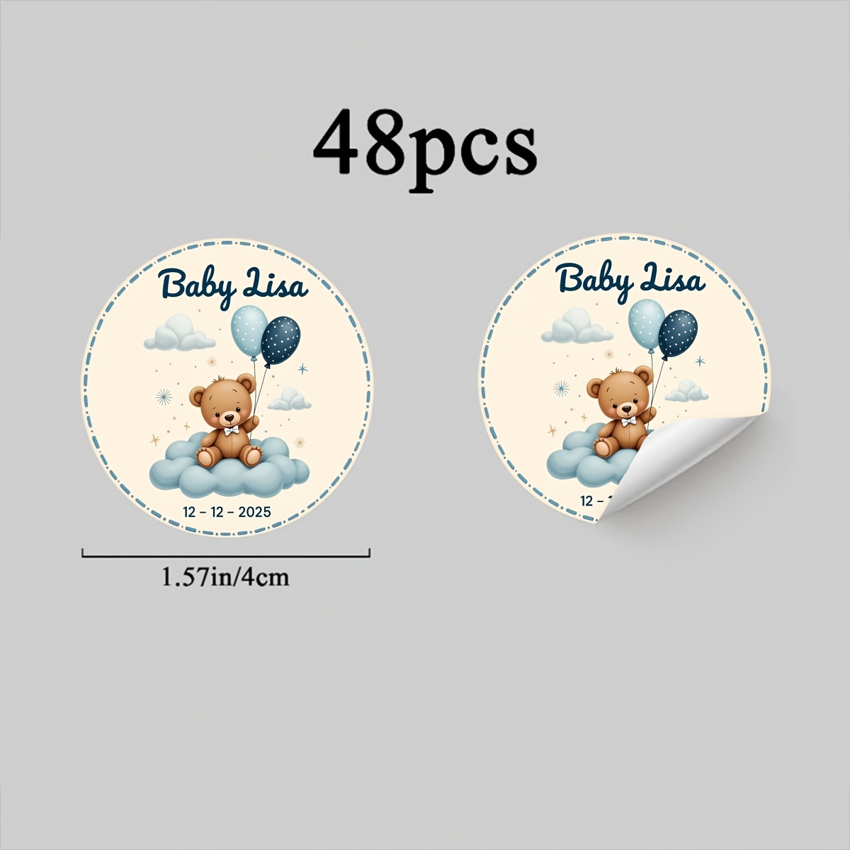 TEMU 24/48pcs Personalized Text Stickers, Round Plush Bear Printed Stickers, Balloon Patterns, Suitable For Nursery Decoration And Birthday Parties,